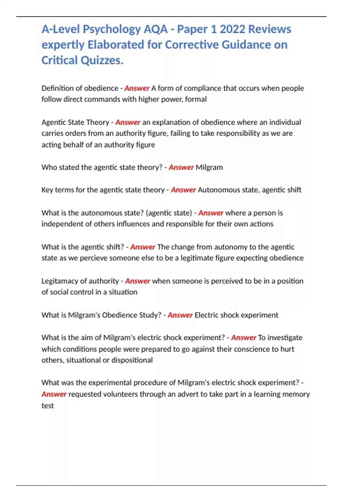 Expertly A-Level Psychology AQA - Paper 1 2022 Reviews expertly Elaborated for ...