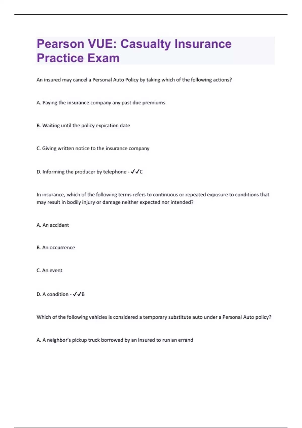 Pearson VUE Casualty Insurance 50 Questions with 100 Correct