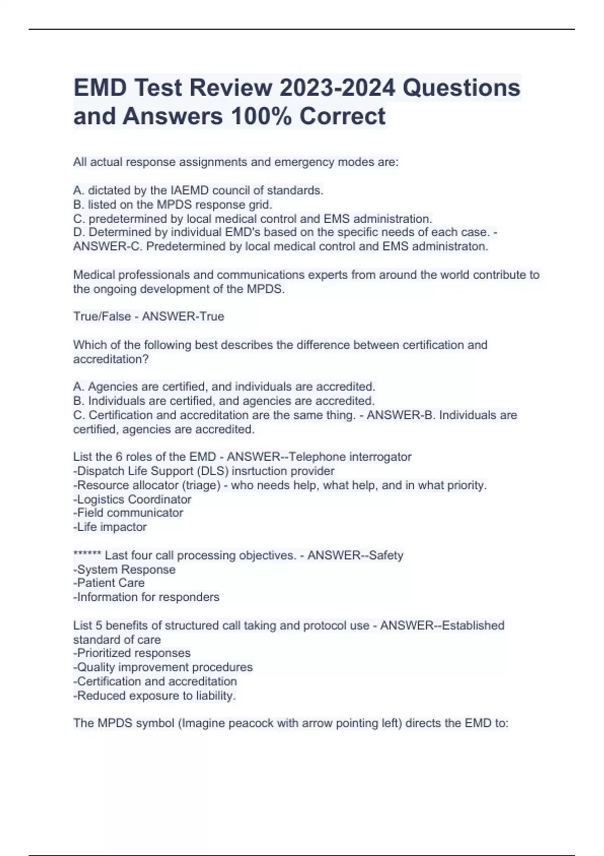 EMD Test Review Questions and Answers 100 Correct EMD Emergency Medical Dispatcher Stuvia US