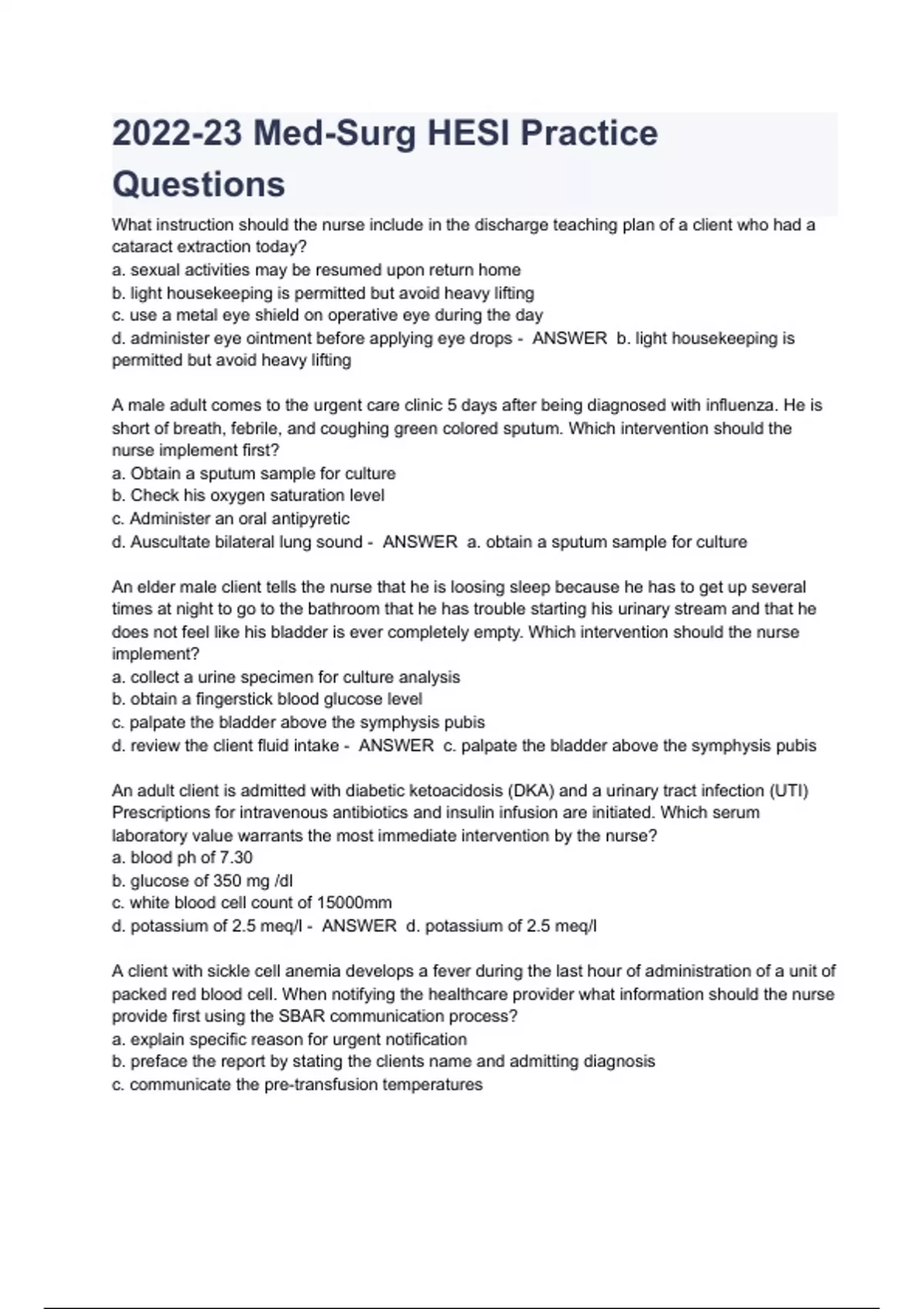 202223 MedSurg HESI Practice Questions & Answers(VERIFIED 100 WITH