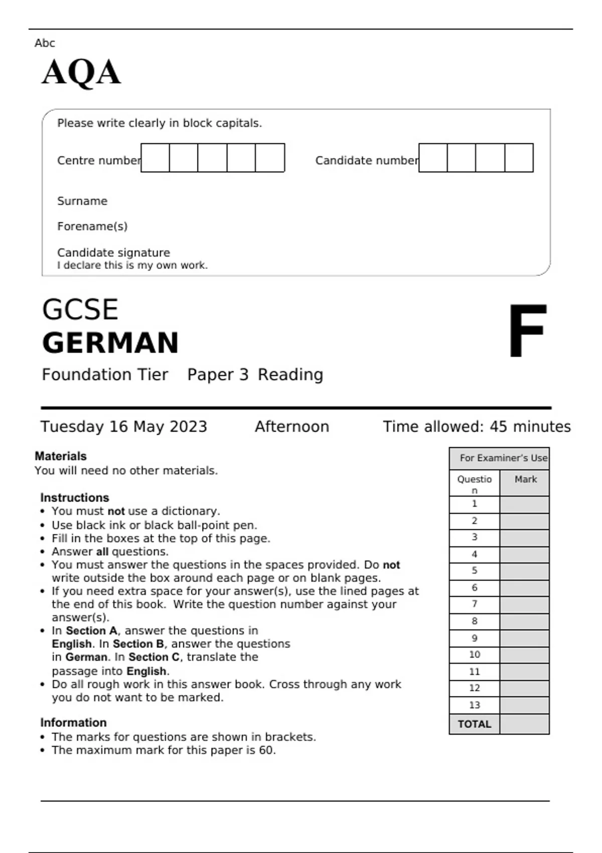 AQA GCSE GERMAN Foundation Tier Paper 3 MAY 2023 QUESTION PAPER ...