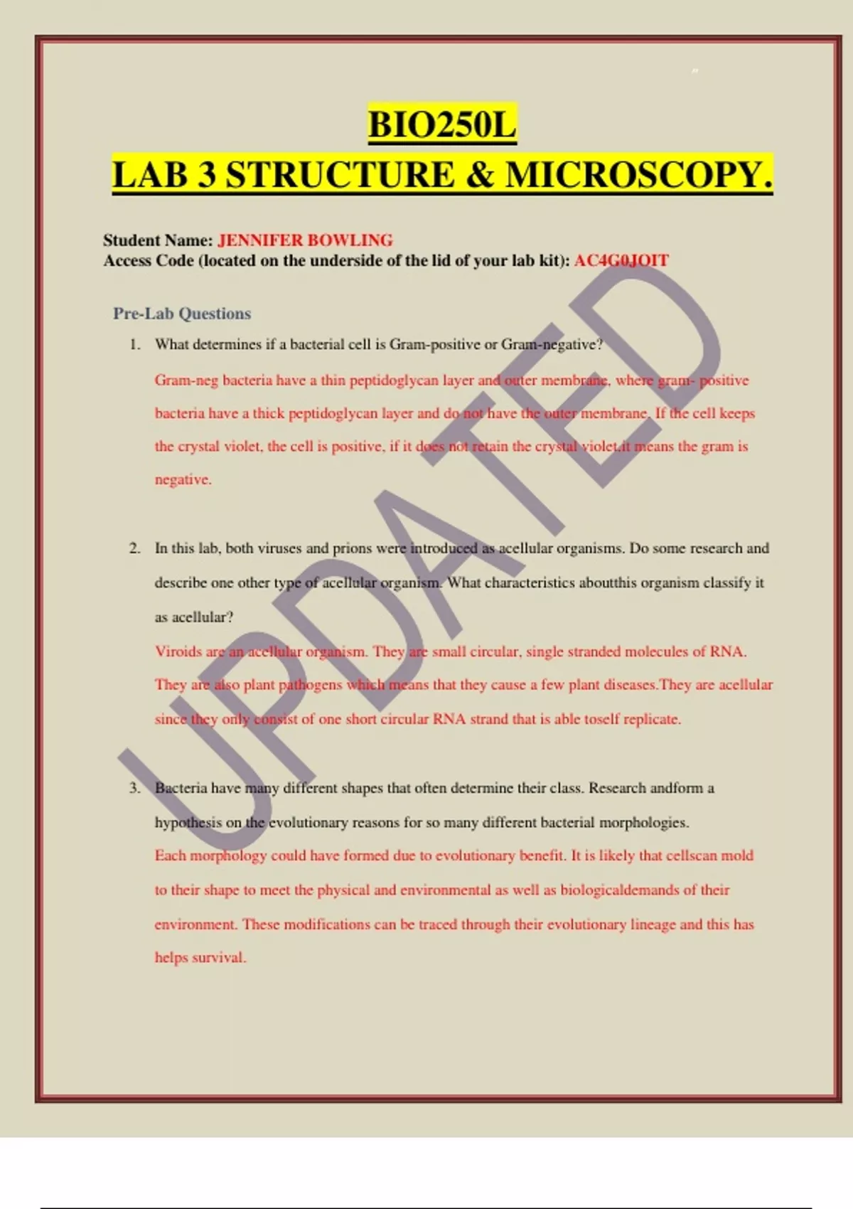 BIO250L LAB 3 STRUCTURE & MICROSCOPY. 2023 UPDATED VERSION. BIO250L