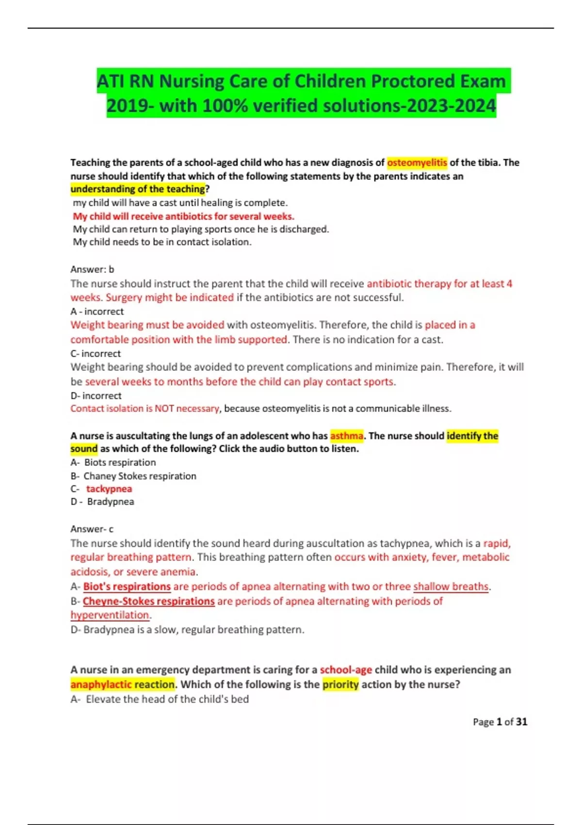 ATI RN Nursing Care of Children Proctored Exam 2019- with 100% verified ...
