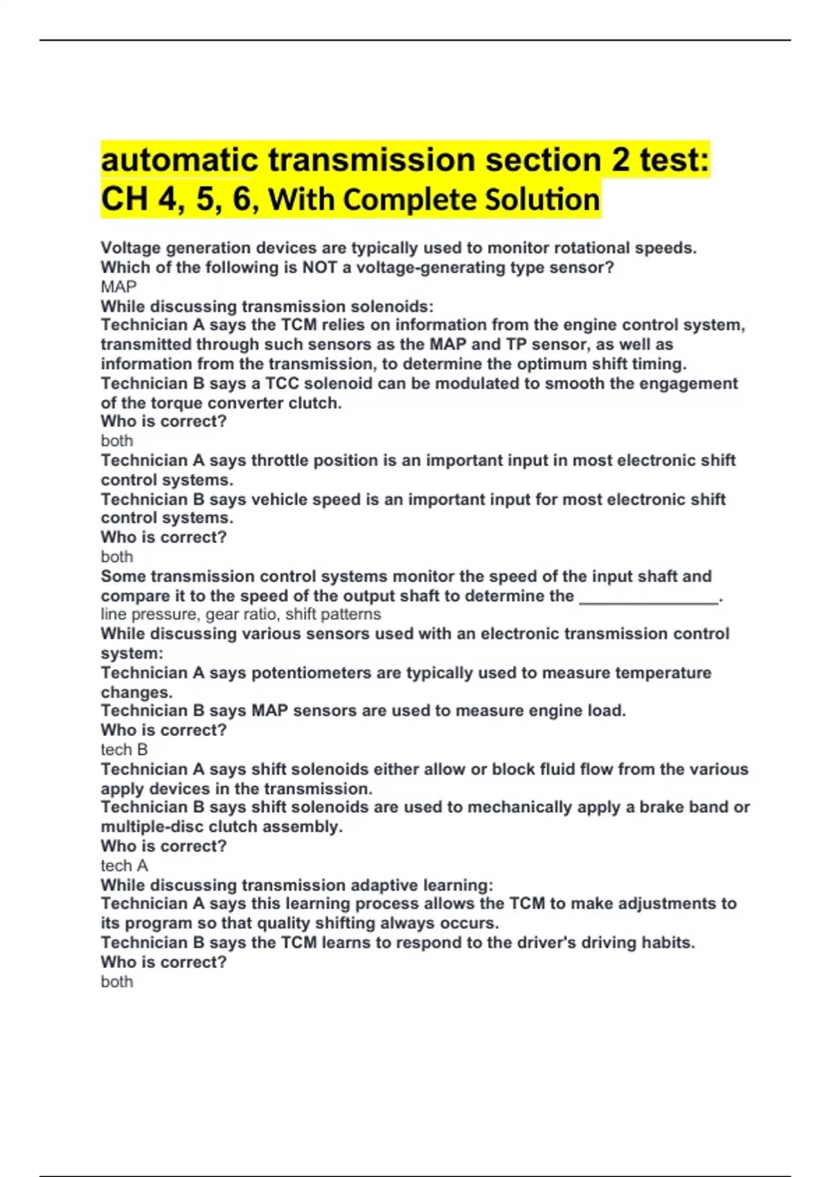 automatic transmission section 2 test: CH 4, 5, 6, With Complete ...