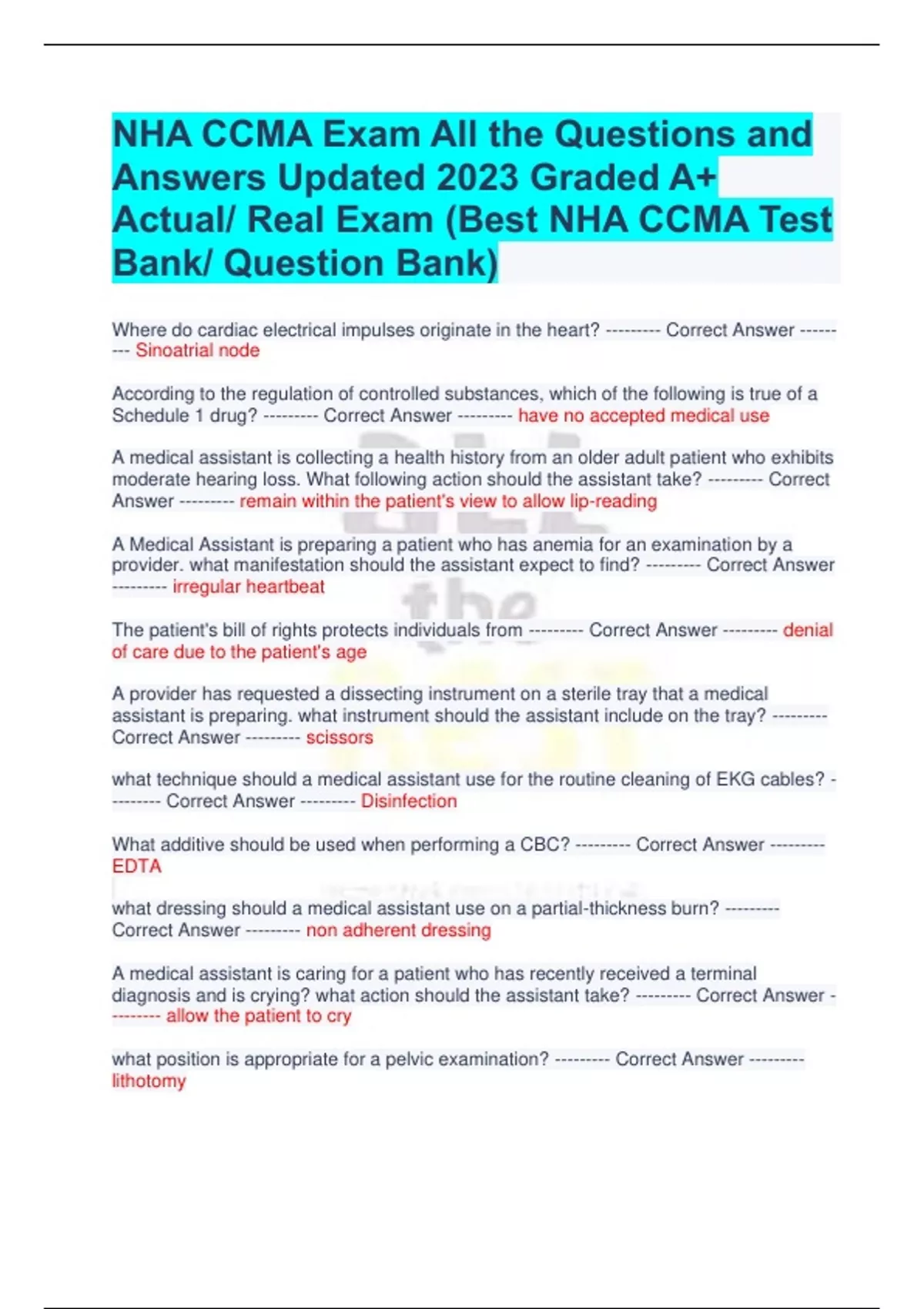 NHA CCMA Exam All the Questions and Answers Updated 20232024 version