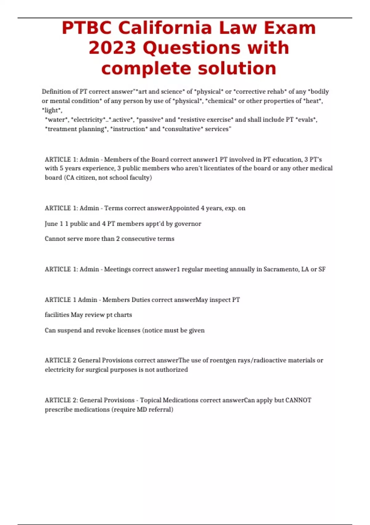 PTBC California Law Exam 2023 Questions with complete solution PTBC