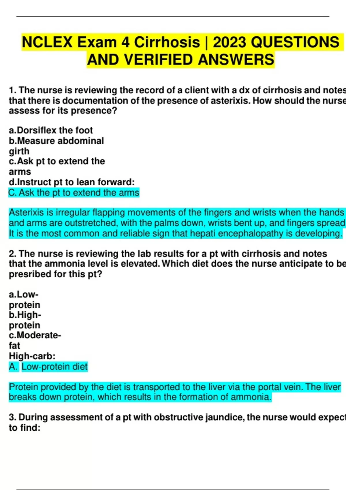 NCLEX Exam 4 Cirrhosis 2023 QUESTIONS AND VERIFIED ANSWERS Nclex Stuvia UK
