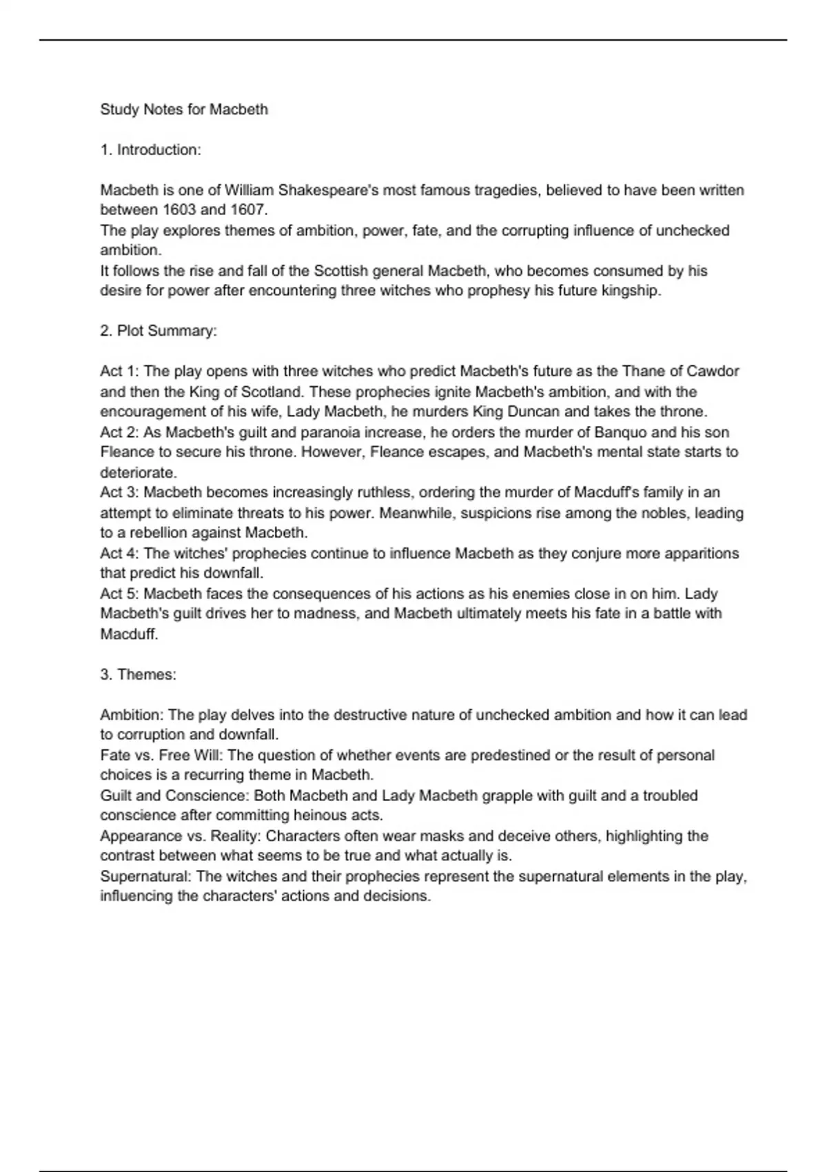 Introduction to Macbeth, including themes, literary devices and