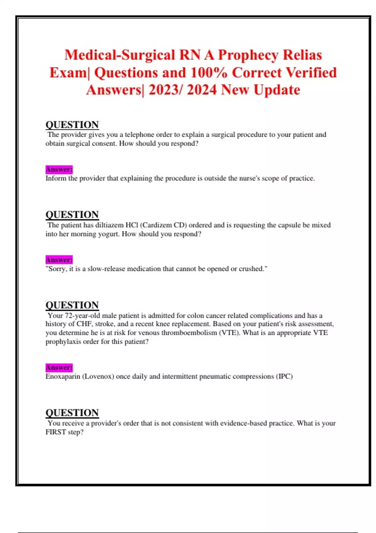 MedicalSurgical RN A Prophecy Relias Exam Questions and 100 Correct