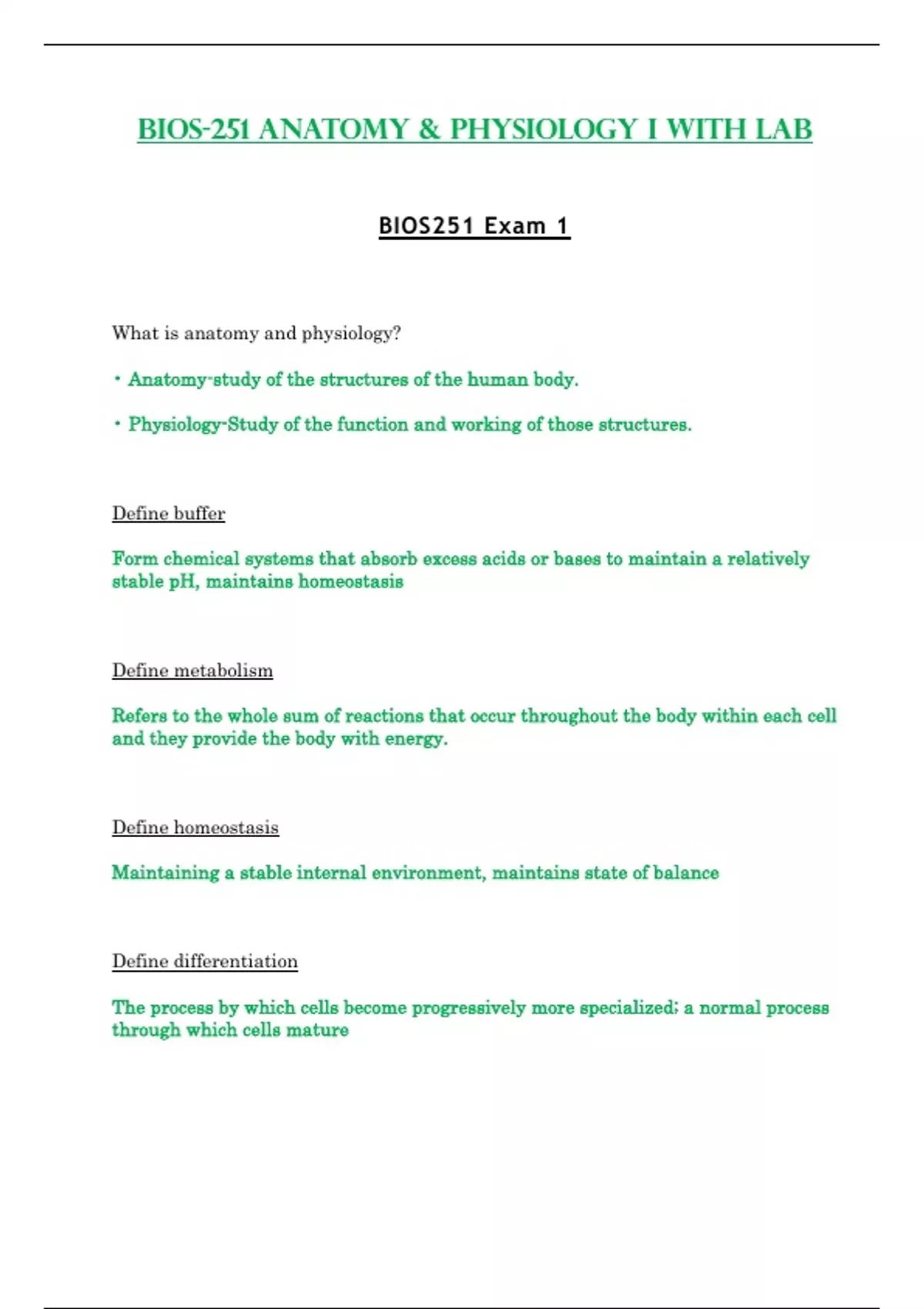 Exam 1 - BIOS251 / BIOS 251 (Latest 2023 / 2024) : Anatomy & Physiology ...