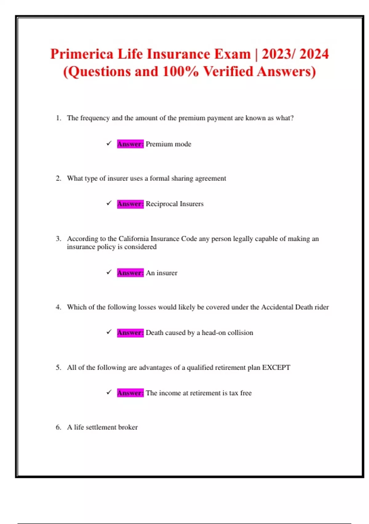 Primerica Life Insurance Exam 2023/ 2024 (Questions and 100 Verified