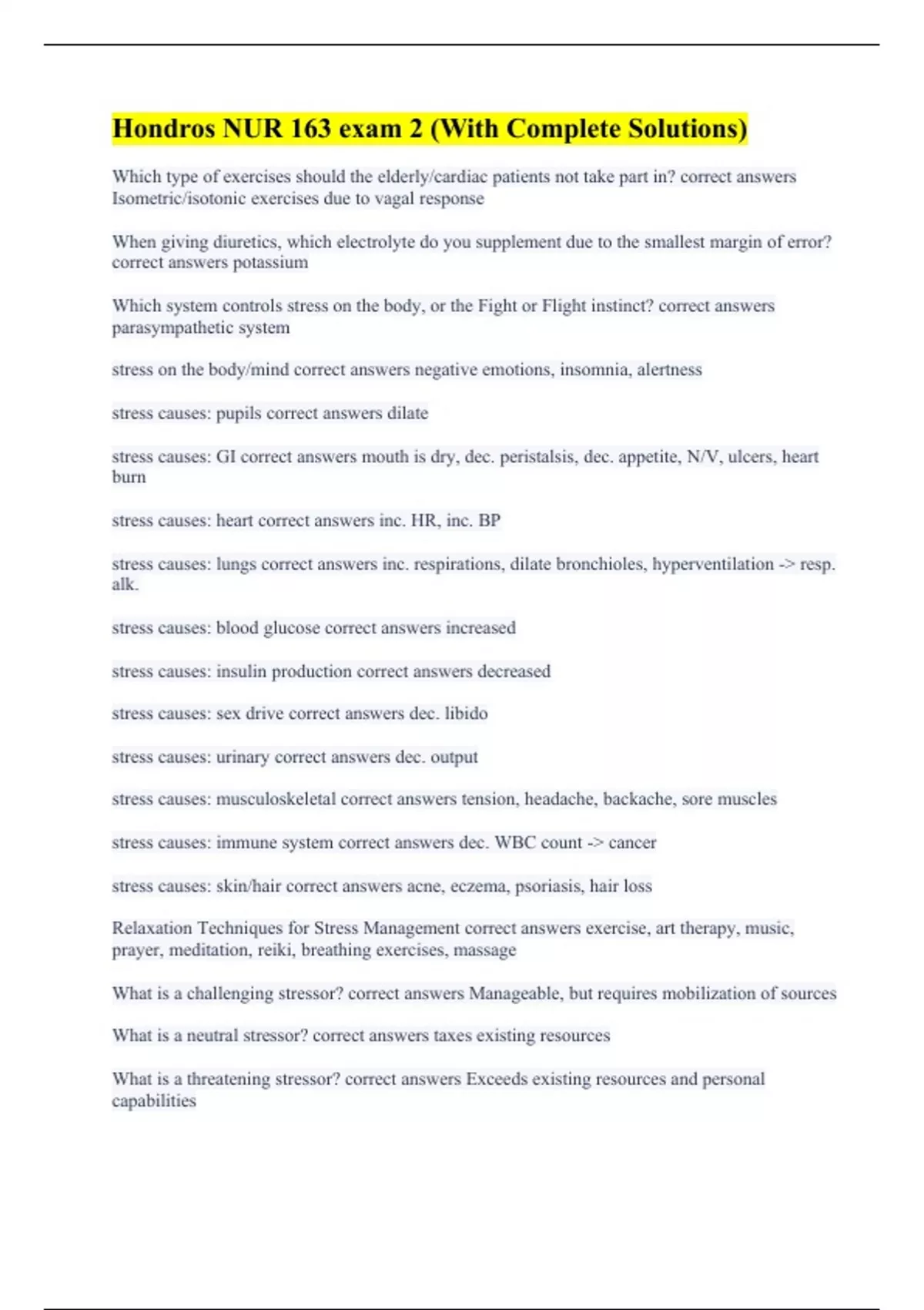 Hondros NUR 163 exam 2 (With Complete Solutions) - Hondros NUR 163 ...