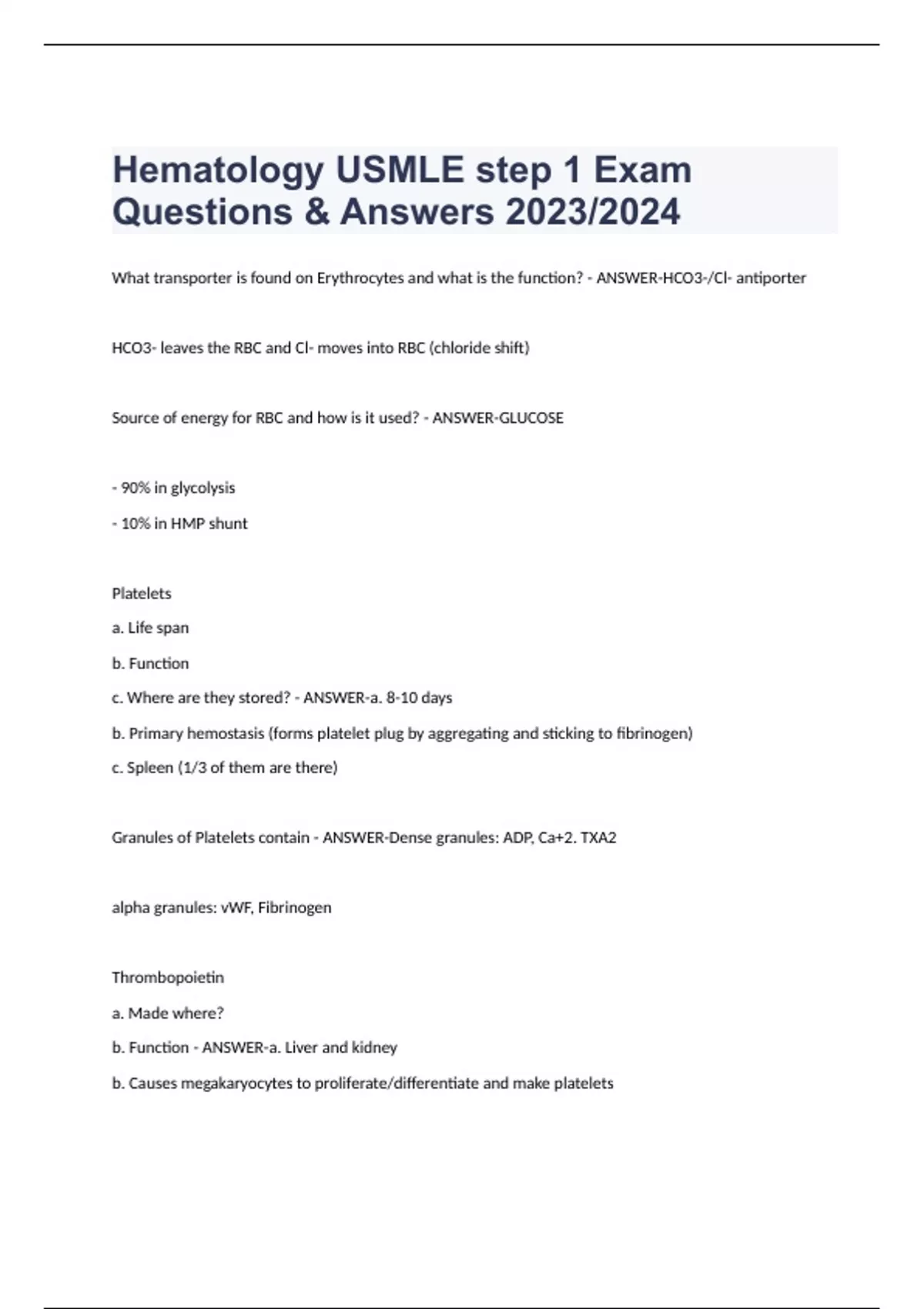 Hematology USMLE step 1 Exam Questions & Answers 2023/2024 - Hematology ...