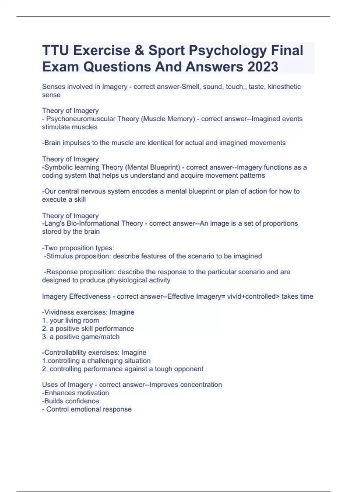 TTU Exercise & Sport Psychology Final Exam Questions And Answers 2023