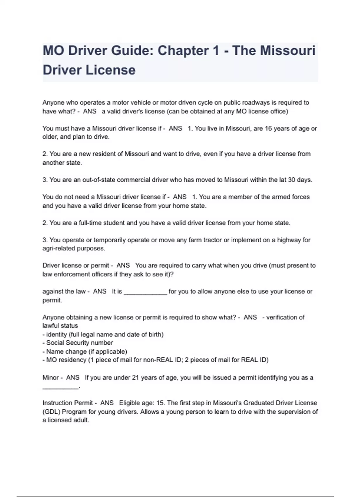 MO Driver Guide Chapter 1 The Missouri Driver License Questions And