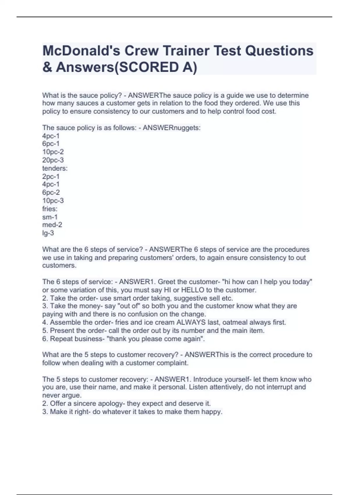 McDonald's Crew Trainer Test Questions & Answers(SCORED A) - McDonald ...