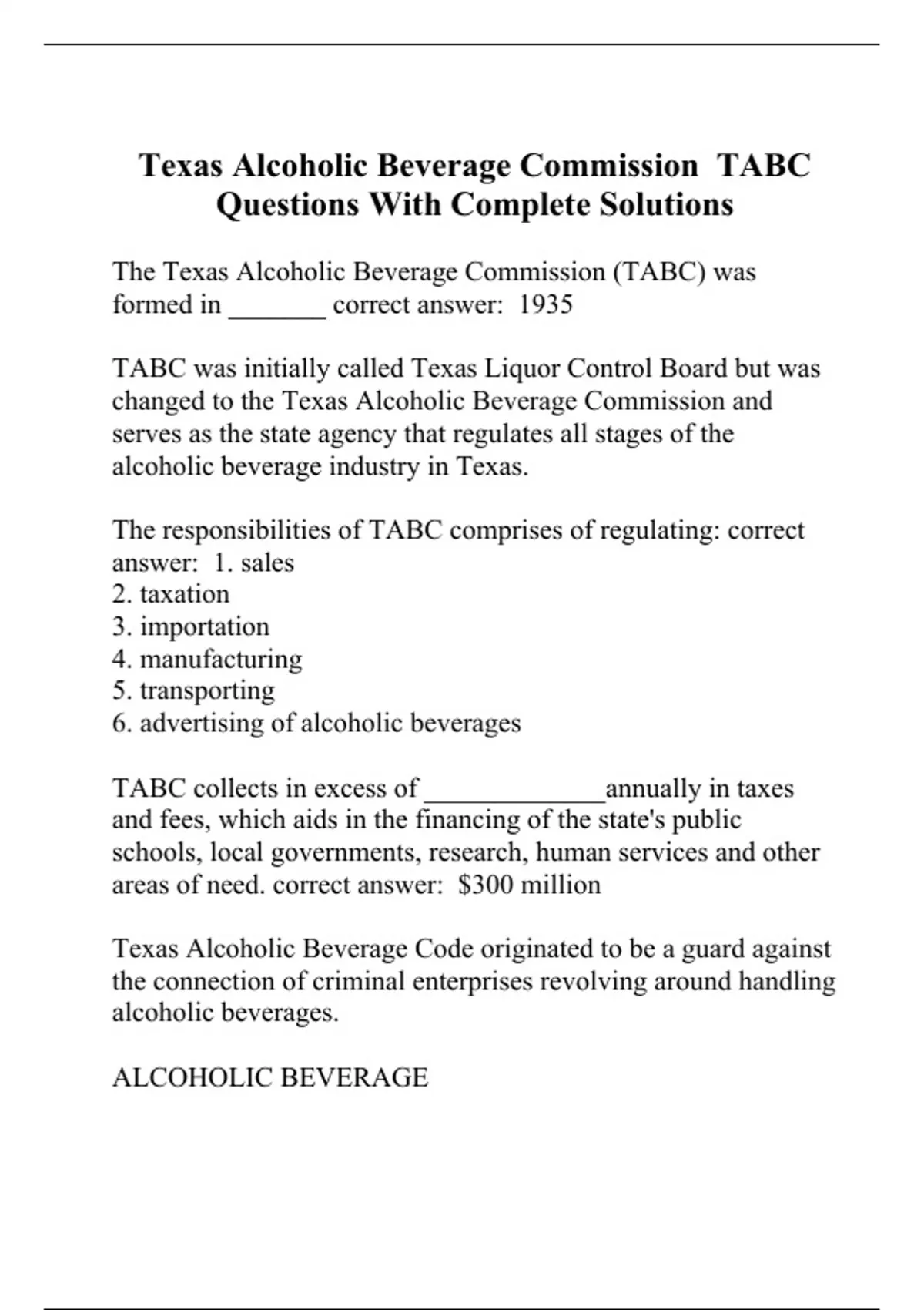 Texas Alcoholic Beverage Commission (TABC) Tests Compilation Bundle