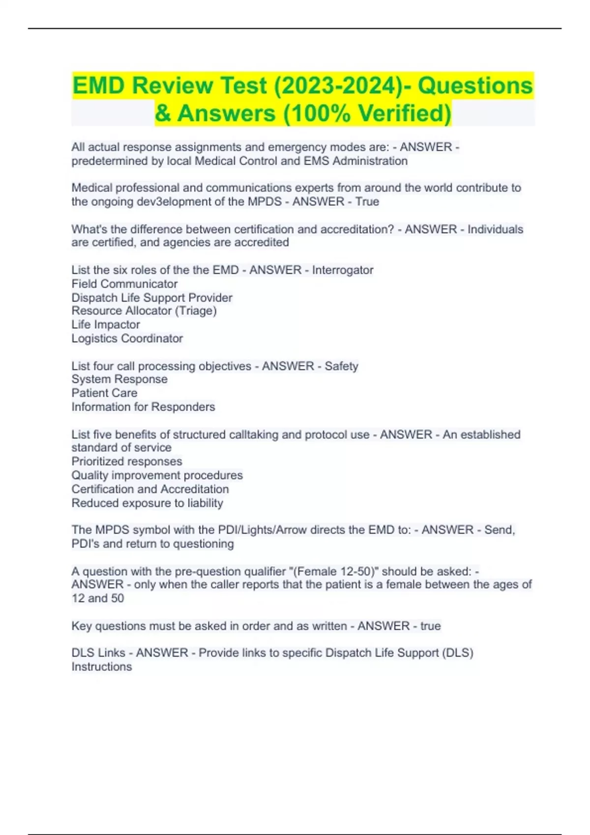 EMD Review Test () Questions & Answers (100 Verified) EMD Emergency Medical Dispatcher