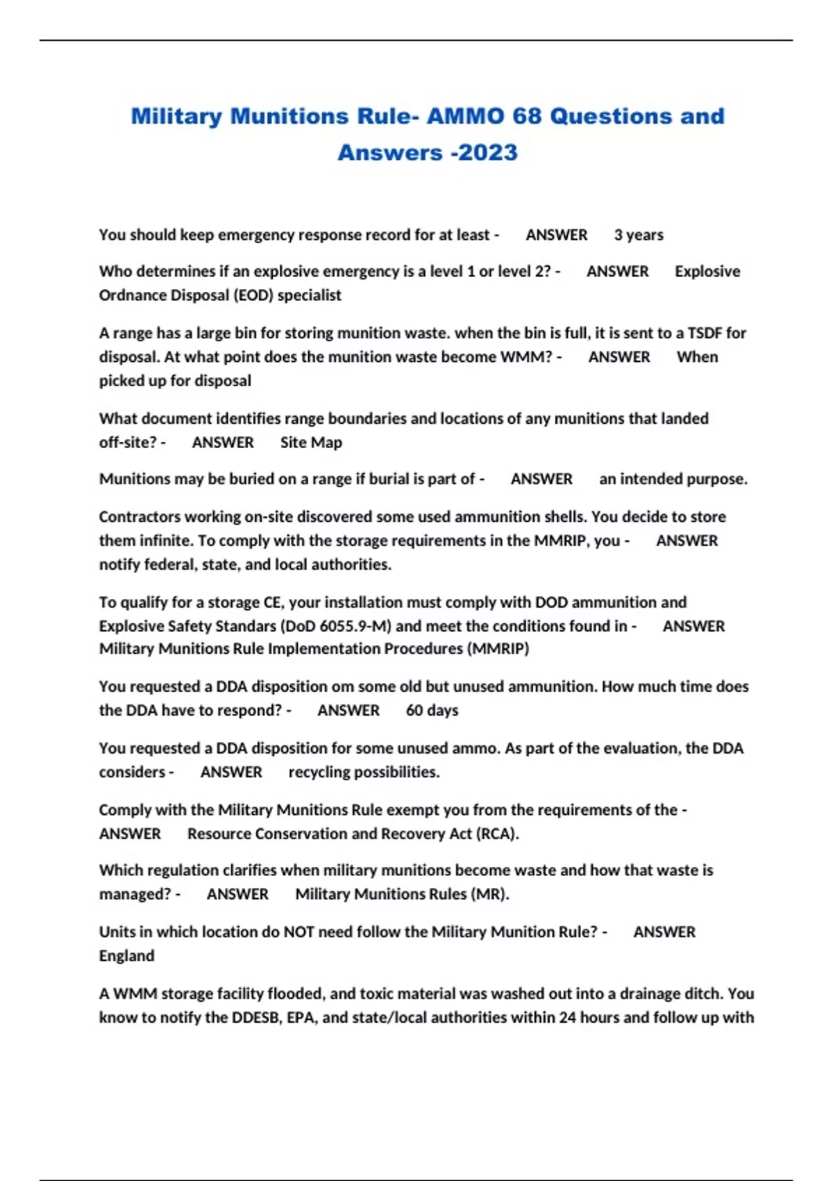 Military Munitions Rule AMMO 68 Questions and Answers 2023 Military