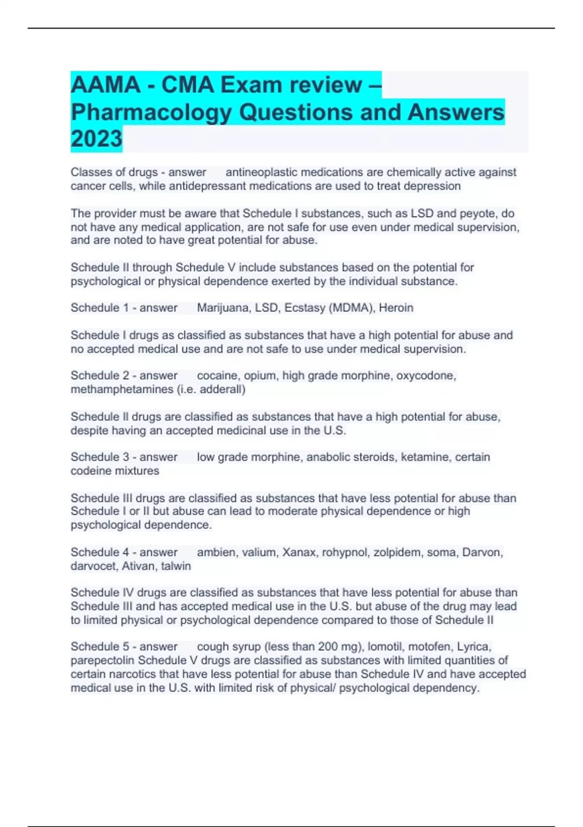 AAMA CMA Exam review Pharmacology Questions and Answers 2023 CMA