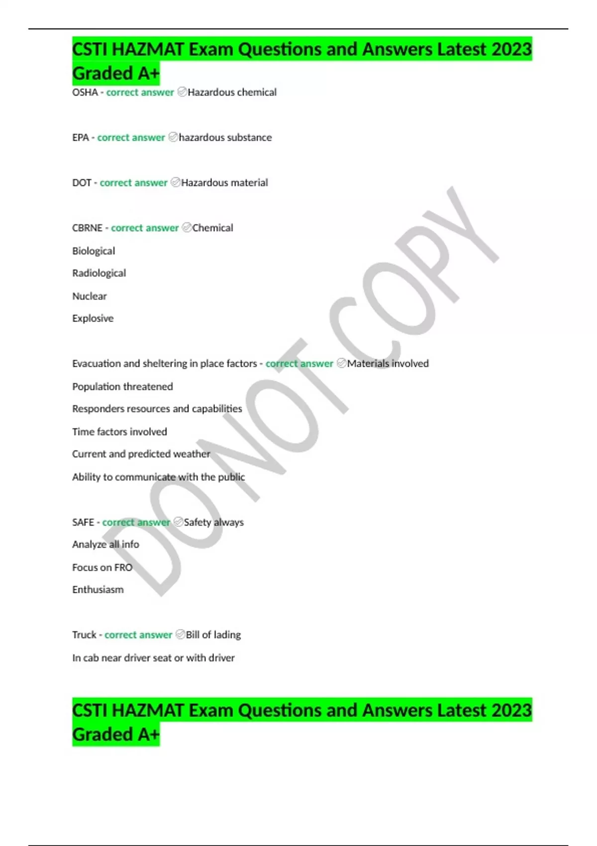 CSTI HAZMAT Exam Questions and Answers Latest 2023 Graded A+ CSTI