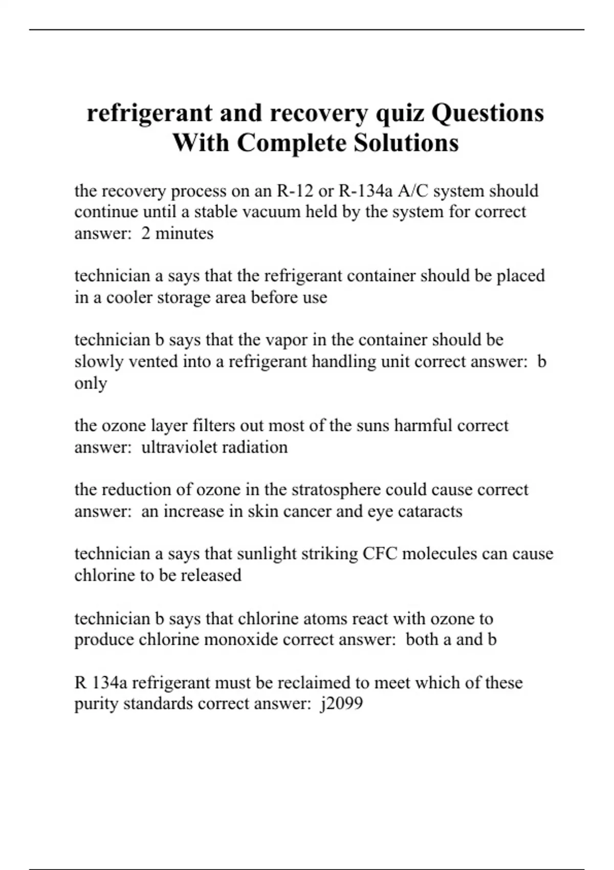refrigerant and recovery quiz Questions With Complete Solutions