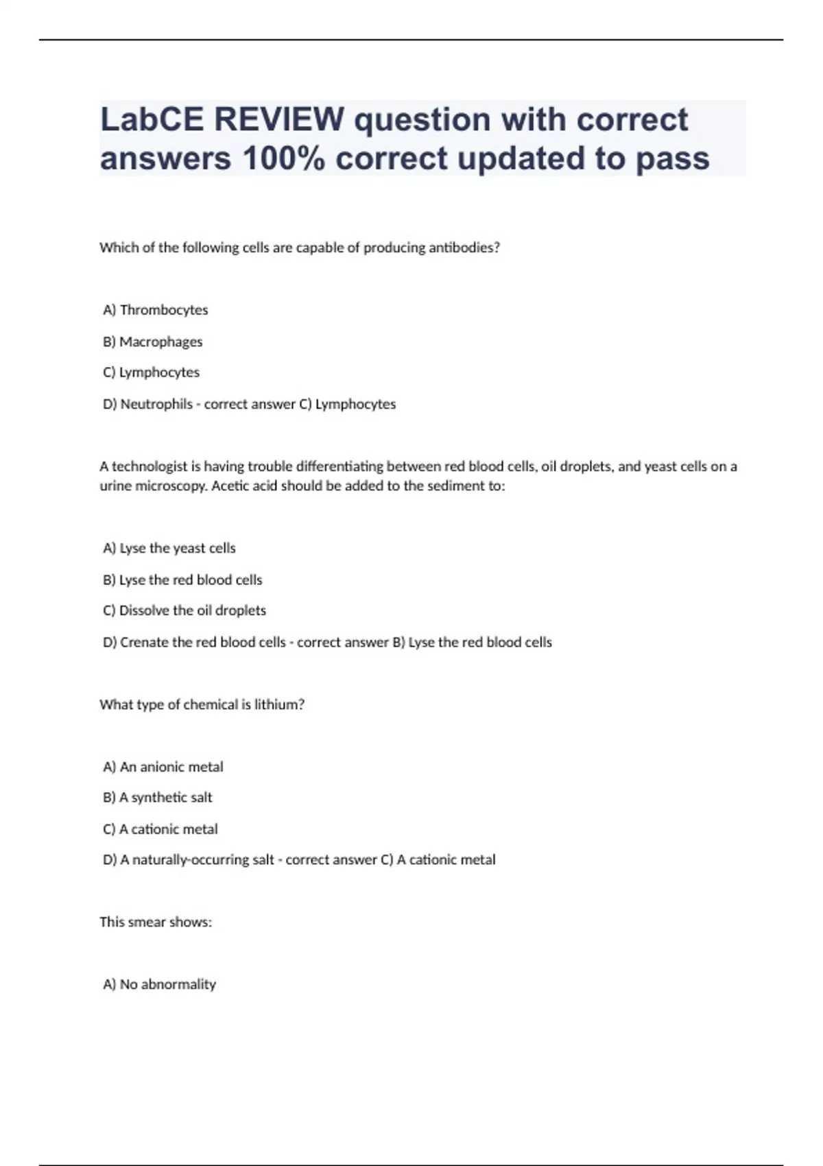 LabCE REVIEW question with correct answers 100 correct updated to pass