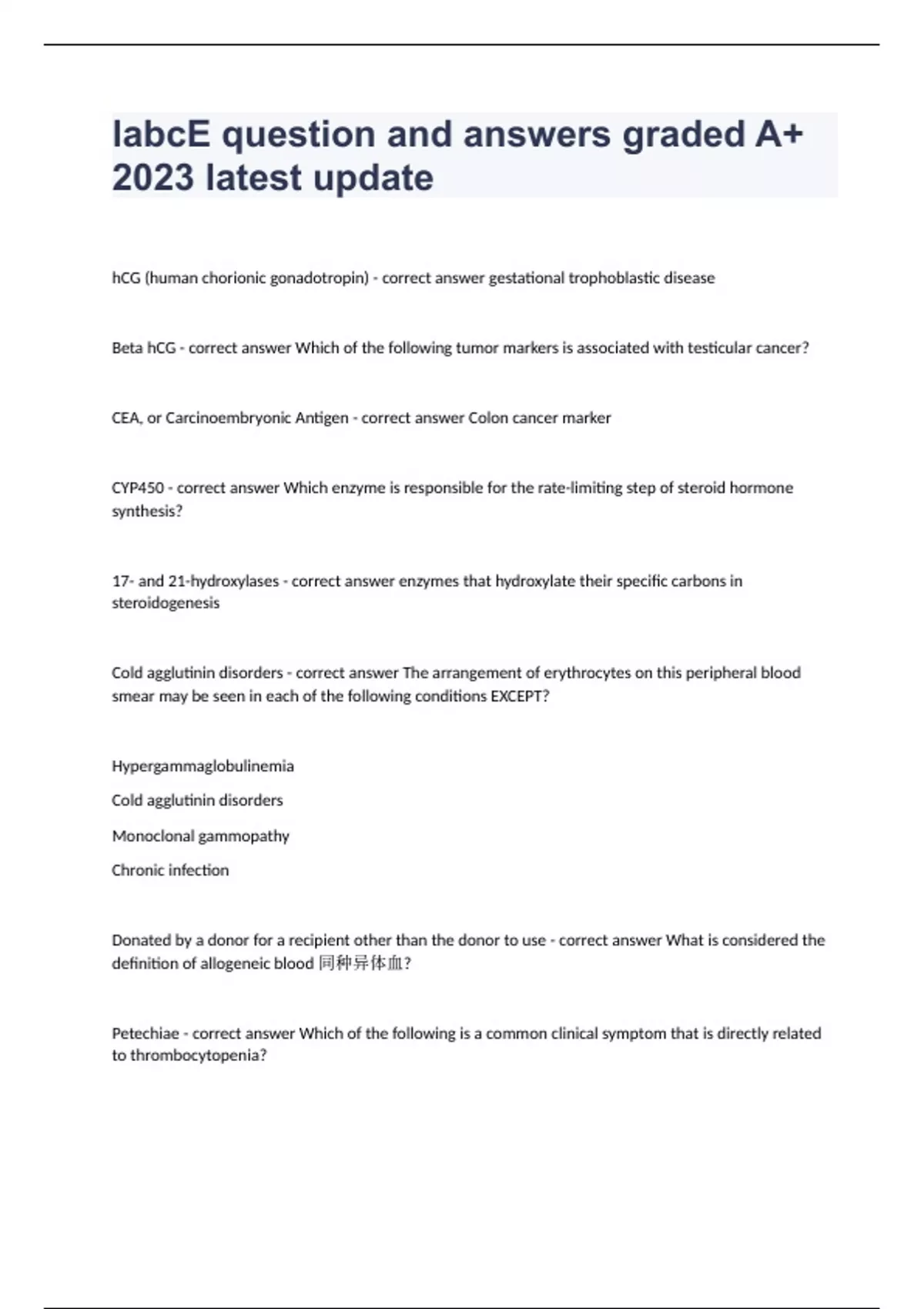 labcE question and answers graded A+ 2023 latest update LabcE Stuvia US