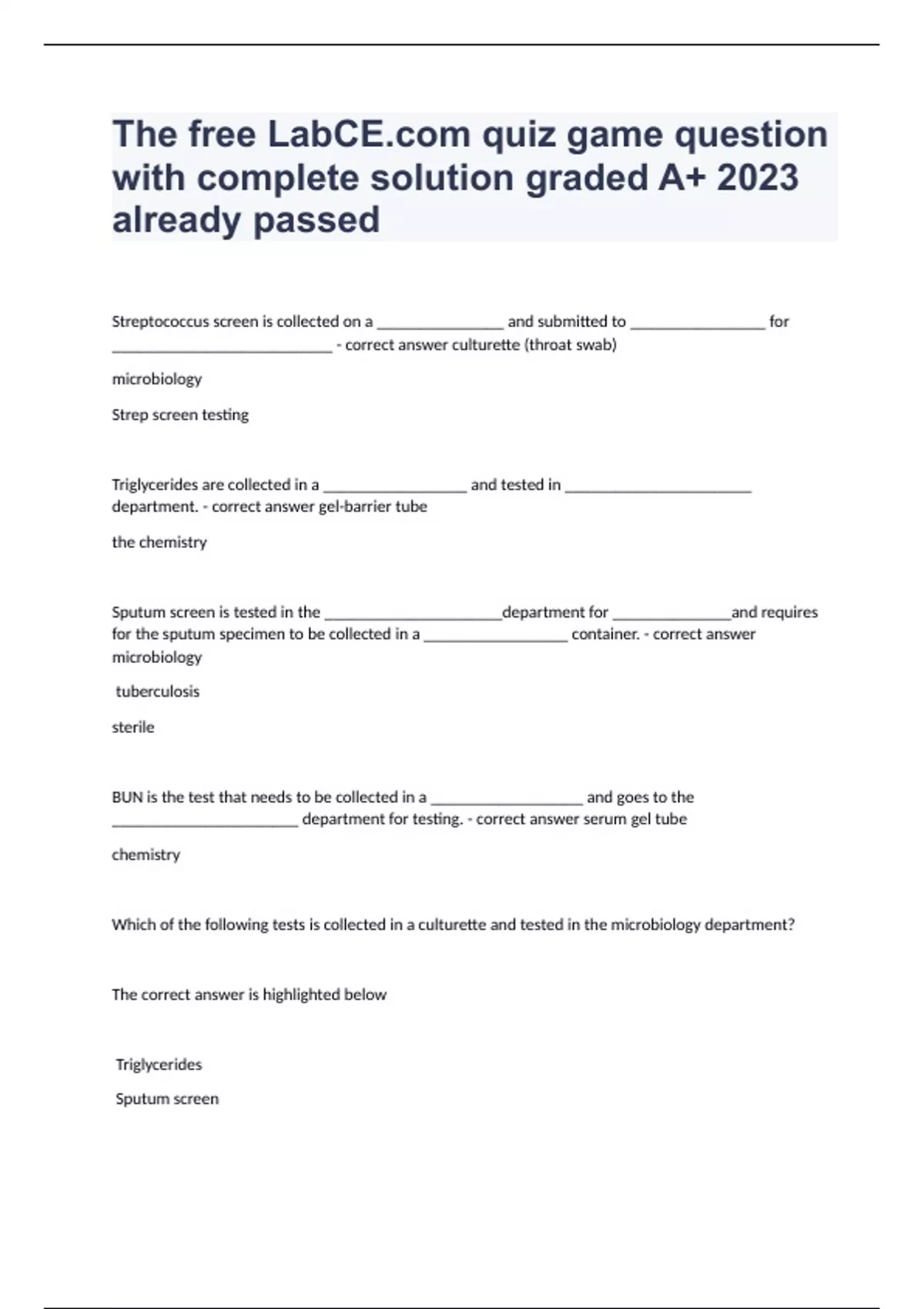 The free quiz game question with complete solution graded A+