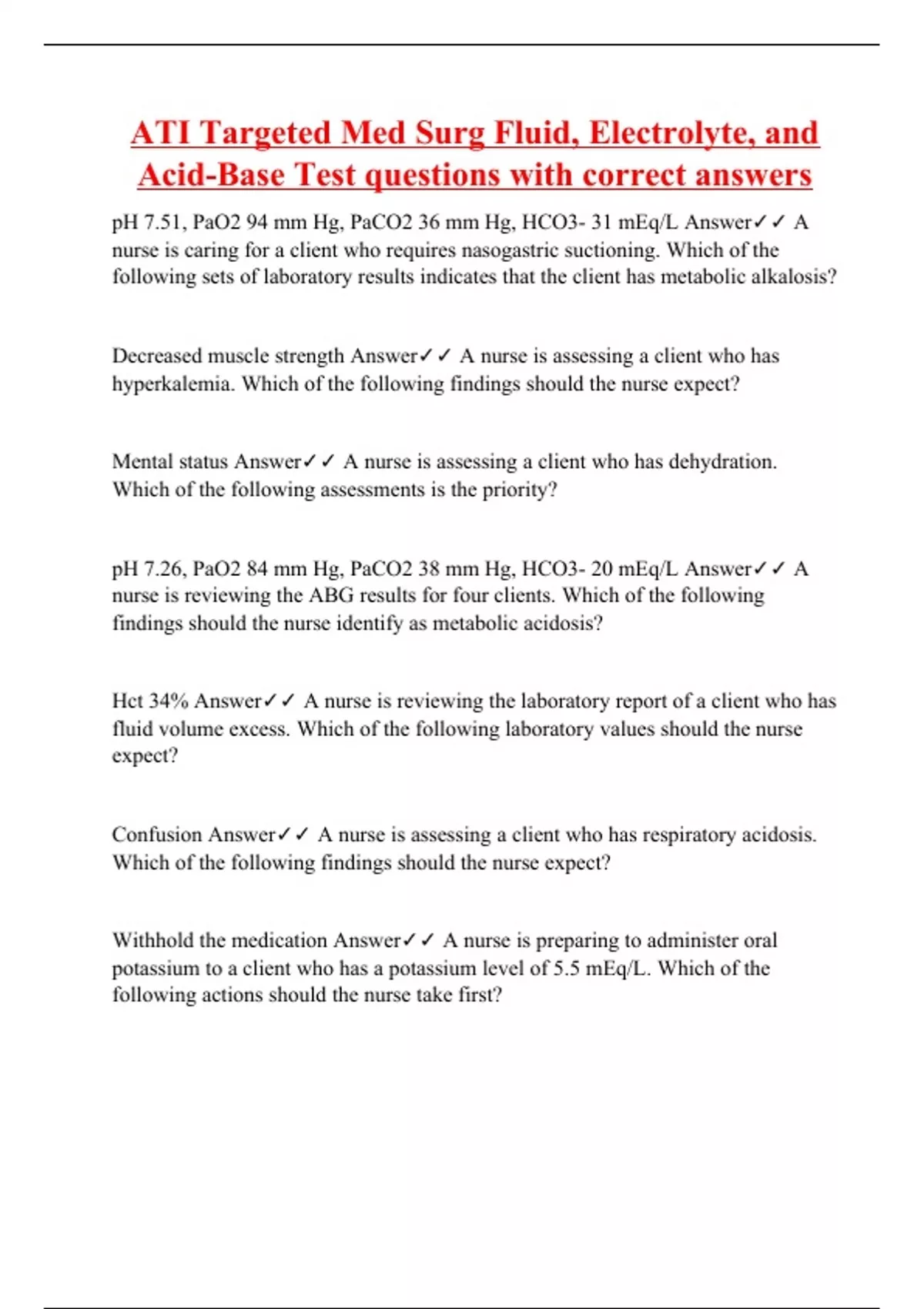 ATI Targeted Med Surg Fluid, Electrolyte, and AcidBase Test questions