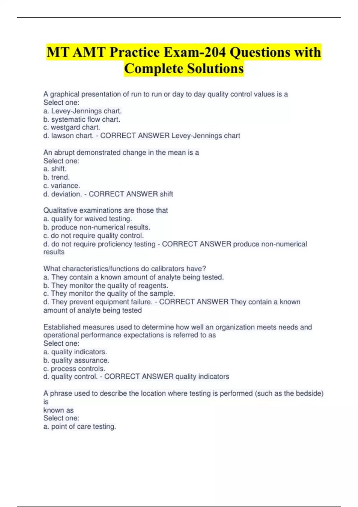 MT AMT Practice Exam204 Questions with Complete Solutions American