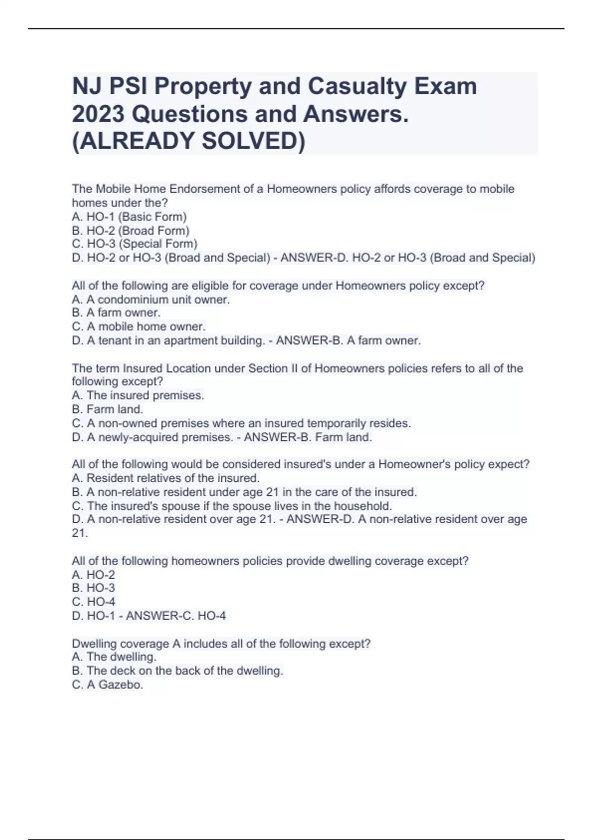 NJ PSI Property and Casualty Exam 2023 Questions and Answers. (ALREADY