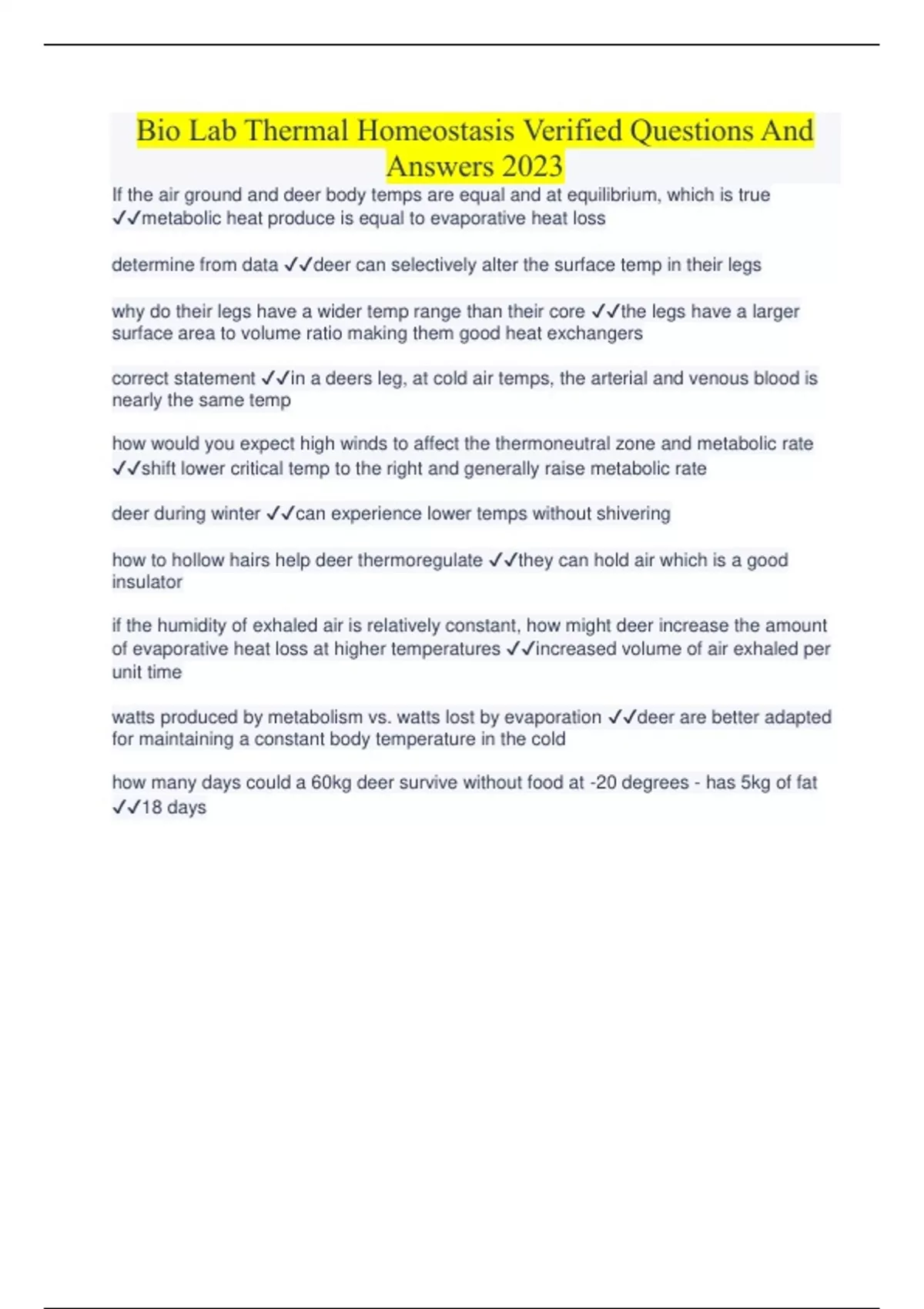 Bio Lab Thermal Homeostasis Verified Questions And Answers 2023 Bio