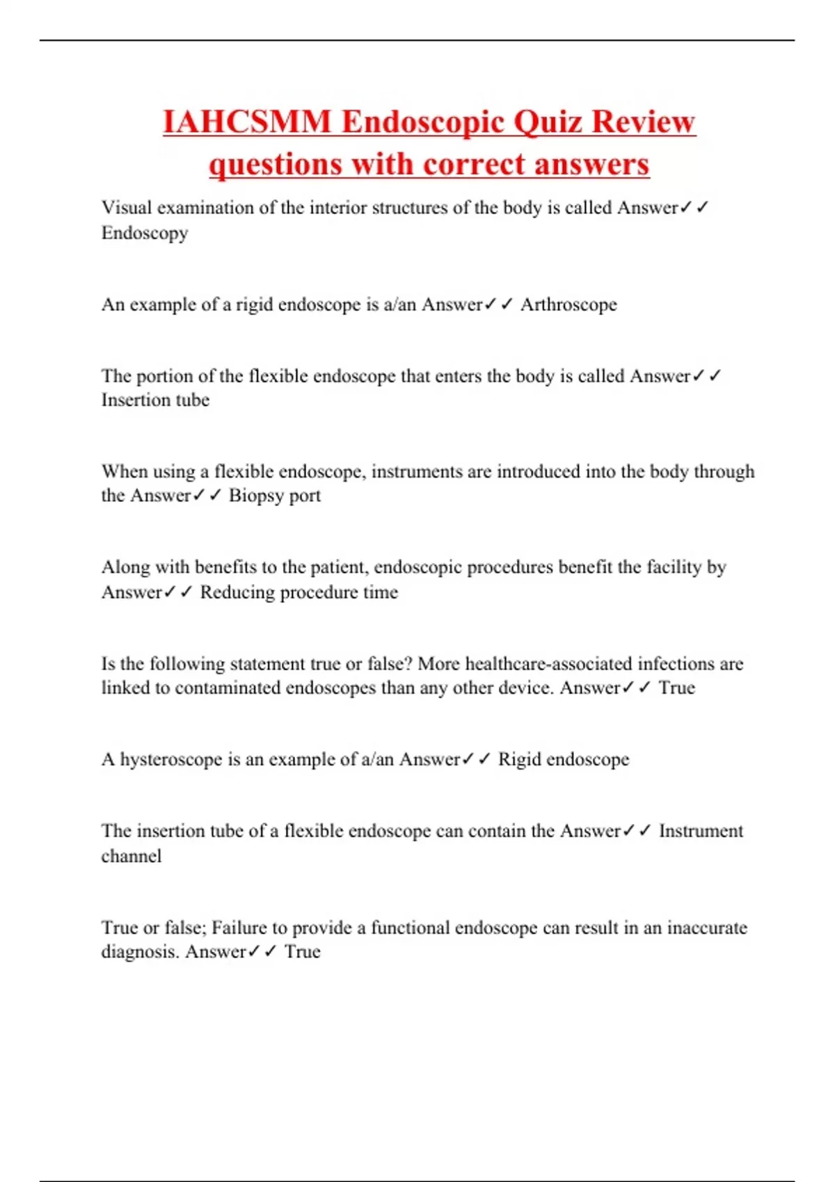 IAHCSMM Endoscopic Quiz Review questions with correct answers IAHCSMM