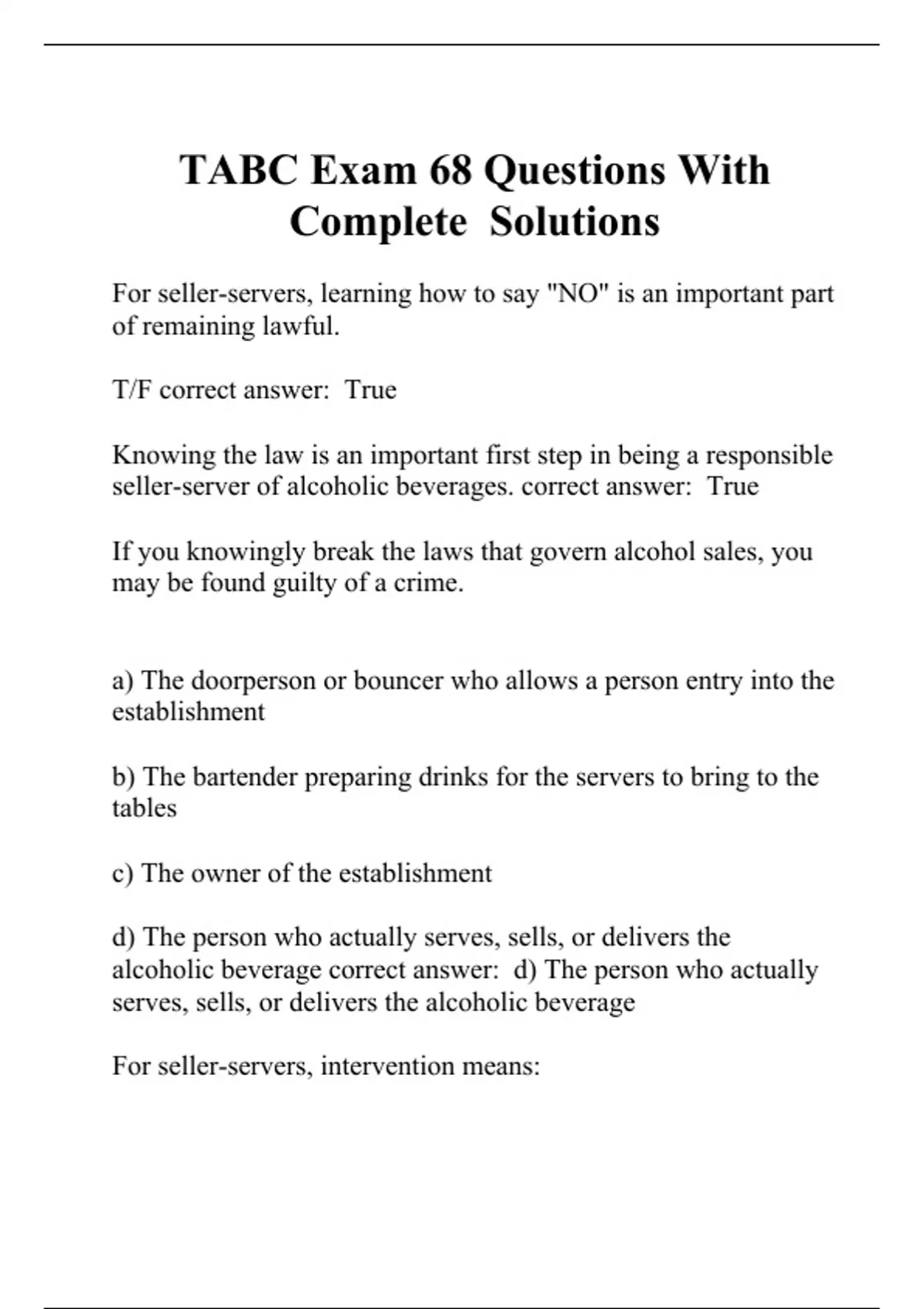 TABC Exam 68 Questions With Complete Solutions - Tabc - Stuvia US