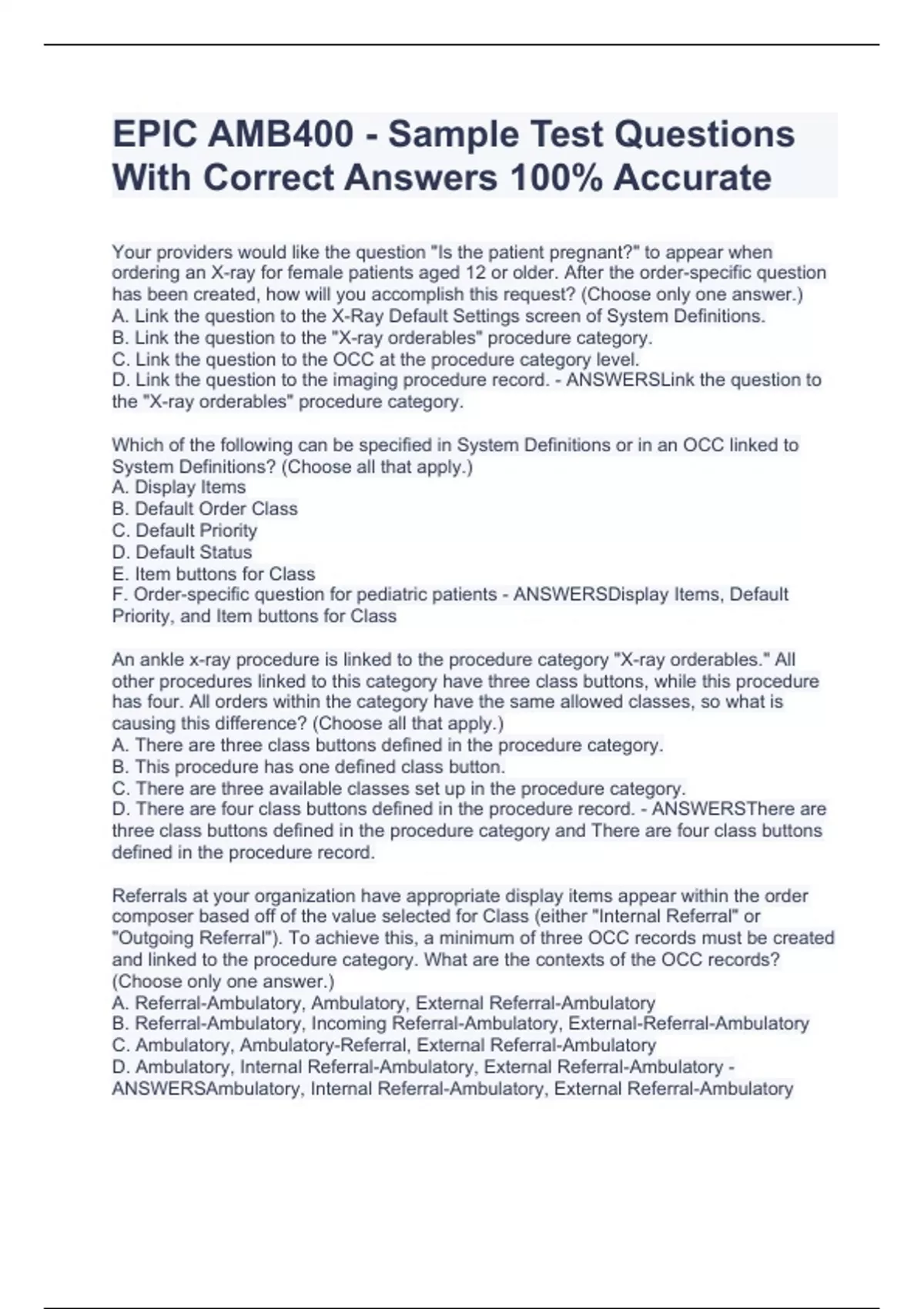 EPIC AMB400 Sample Test Questions With Correct Answers 100 Accurate