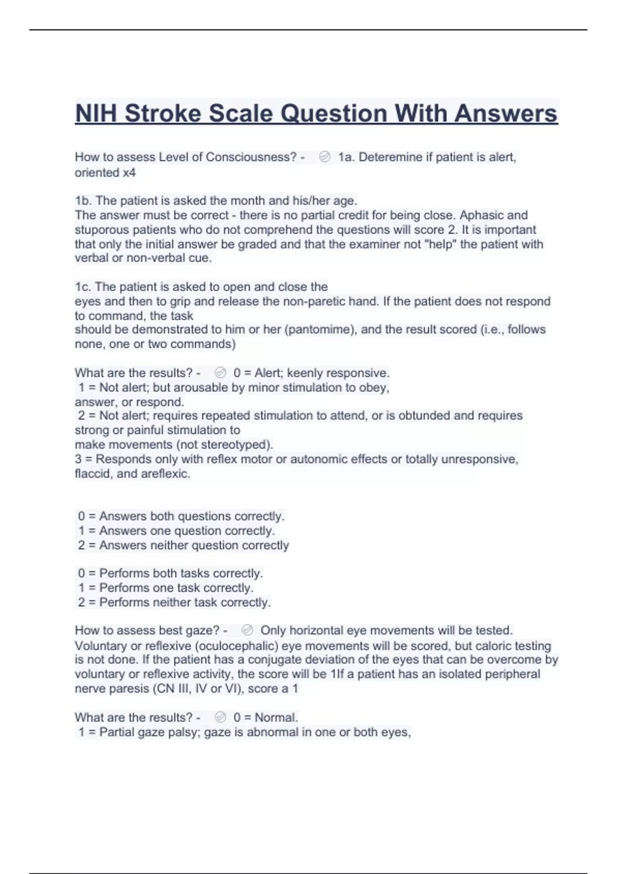Nih Stroke Scale Question With Answers Latest 2023 Nursing Assessment