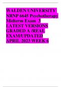 WALDEN UNIVERSITY NRNP 6645 Psychotherapy Midterm Exam 3 Latest Version Graded A+ Updated April 2023 Week 6