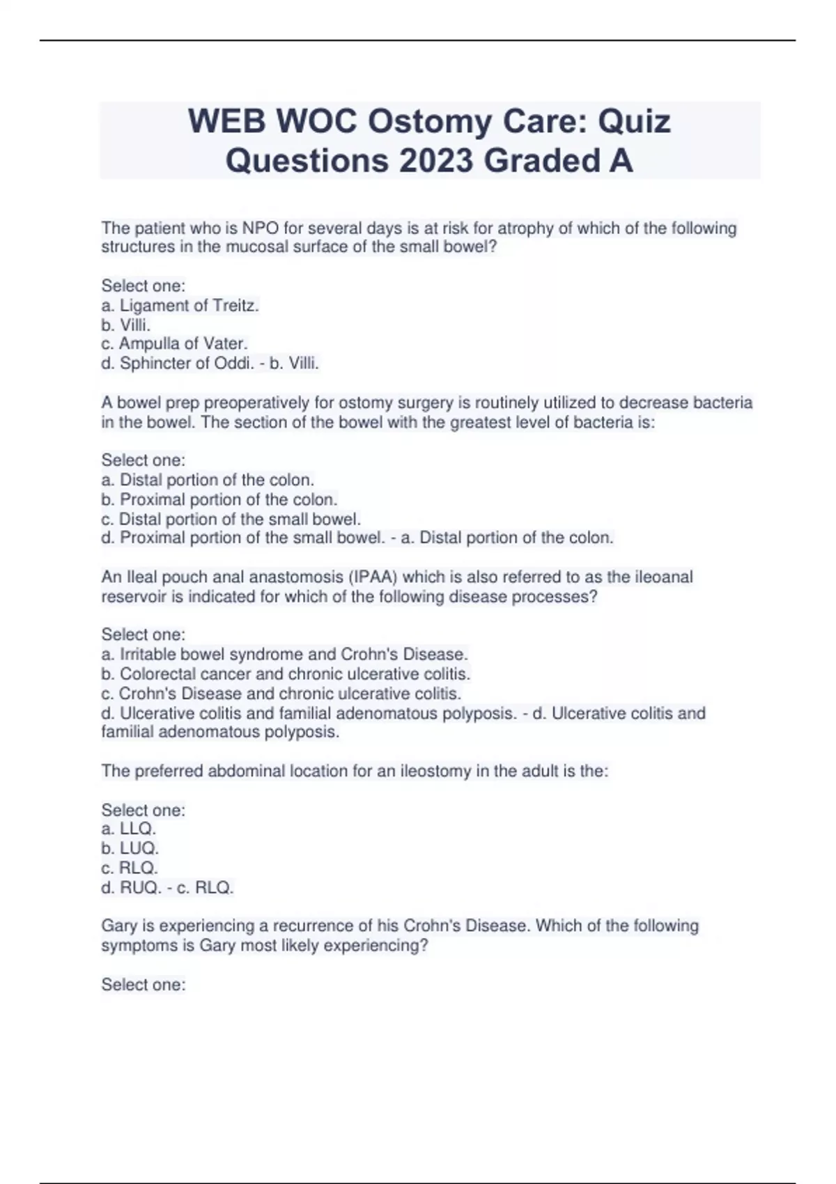 WEB WOC Ostomy Care Quiz Questions 2023 Graded A WEB WOC Ostomy Care