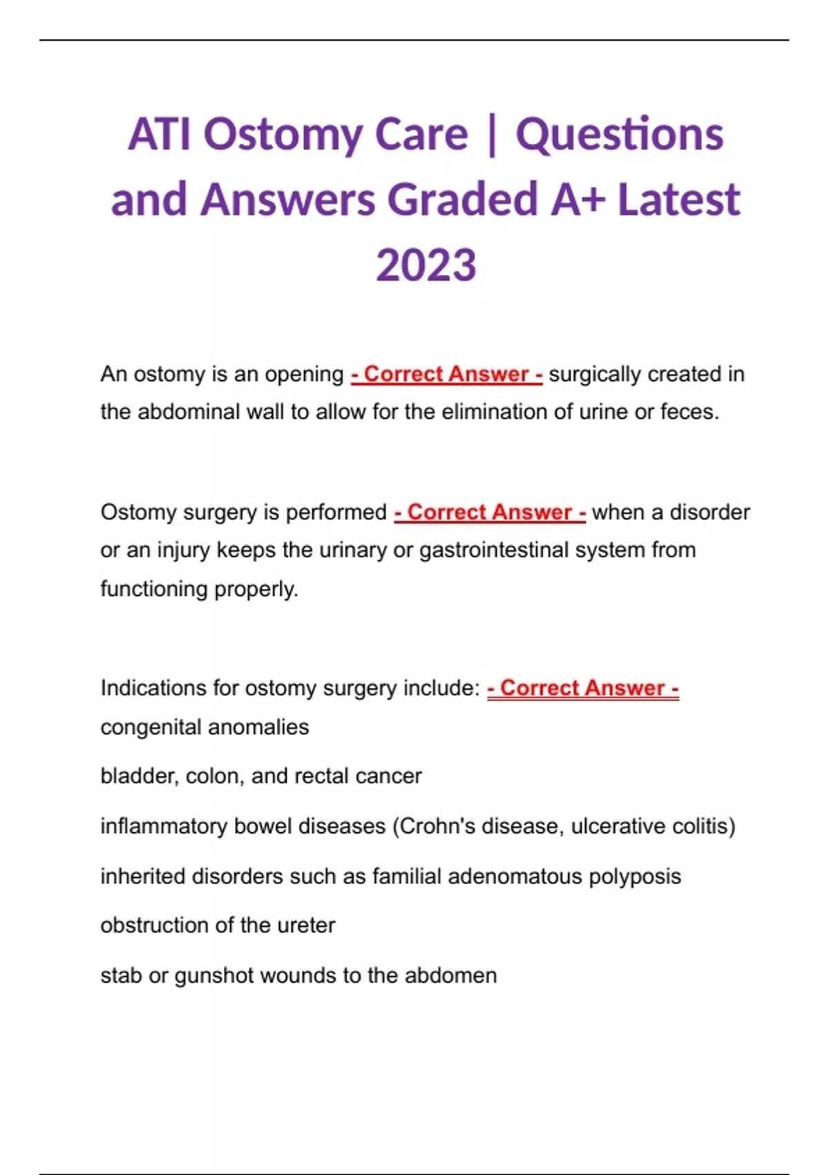 ATI Ostomy Care Questions and Answers Graded A+ Latest 2023 Ostomy