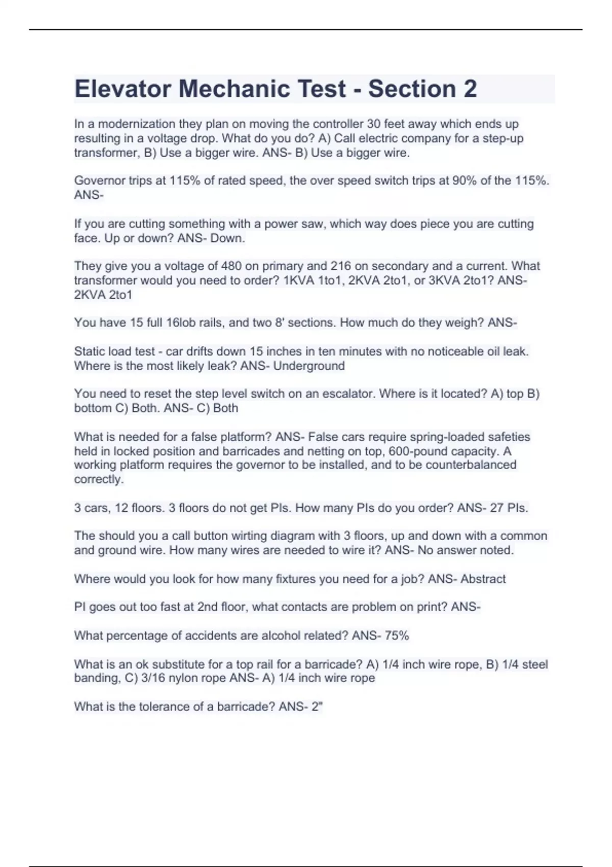 Elevator Mechanic Test Section 2 WITH COMPLETE SOLUTIONS Elevator