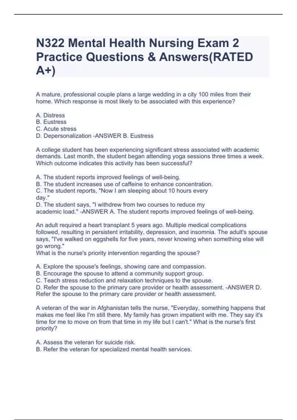 N322 Mental Health Nursing Exam 2 Practice Questions & Answers(RATED A+ ...