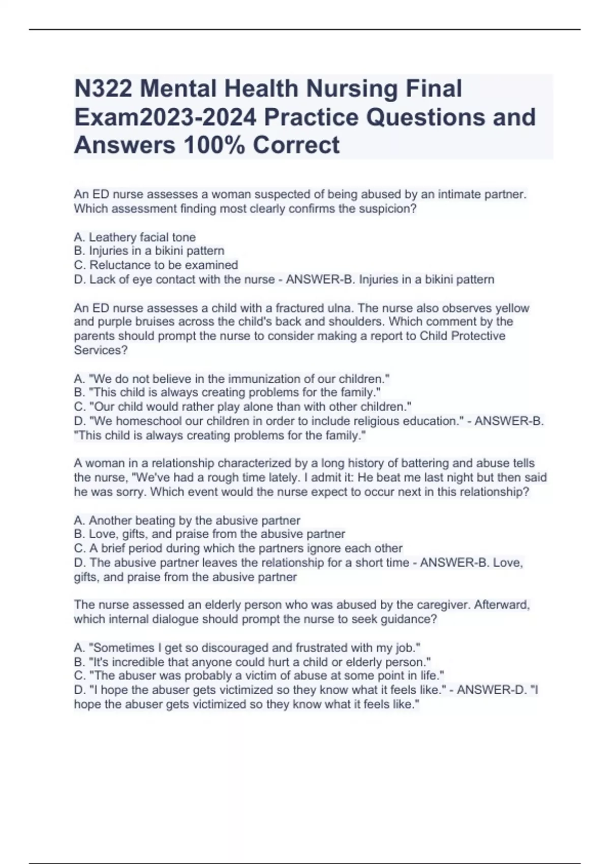 N322 Mental Health Nursing Exam BUNDLE with Complete Questions and