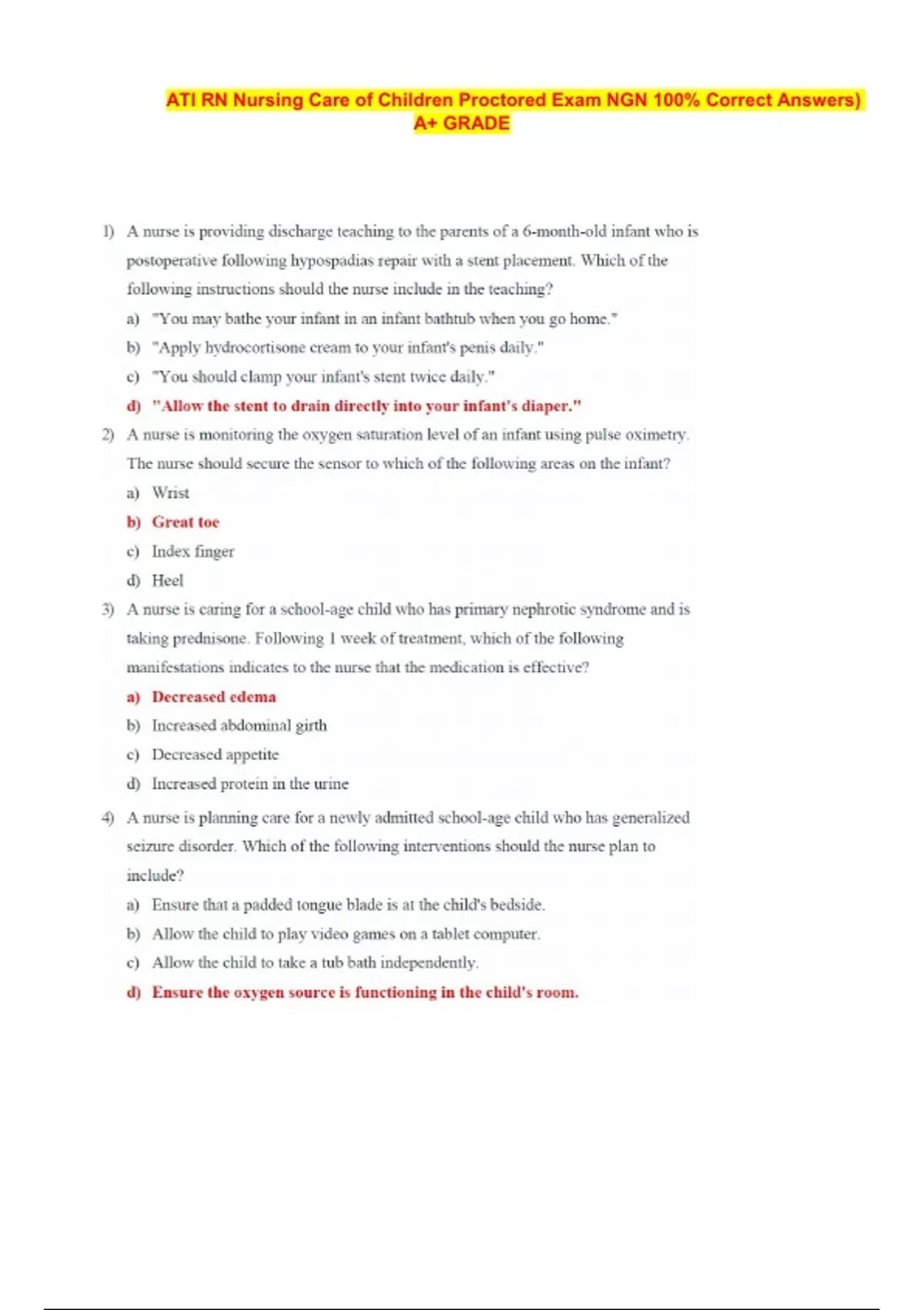 ATI RN Nursing Care of Children Proctored Exam NGN 100% Correct Answers ...