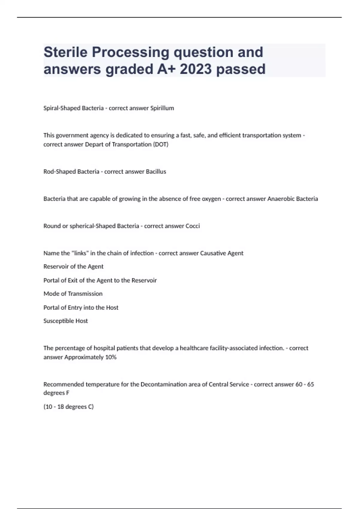 Sterile Processing question and answers graded A+ 2023 passed Sterile Processing Stuvia US