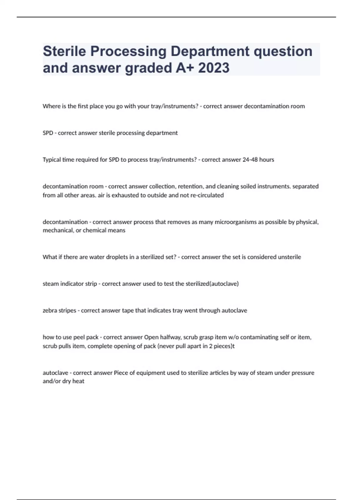 Sterile Processing Department question and answer graded A+ 2023 Sterile Processing Stuvia US