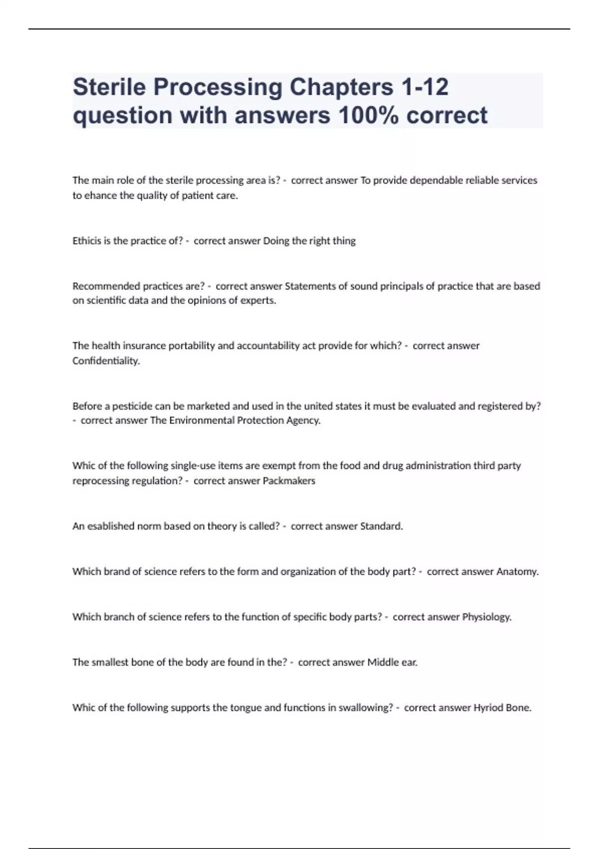 Sterile Processing Chapters 112 question with answers 100 correct