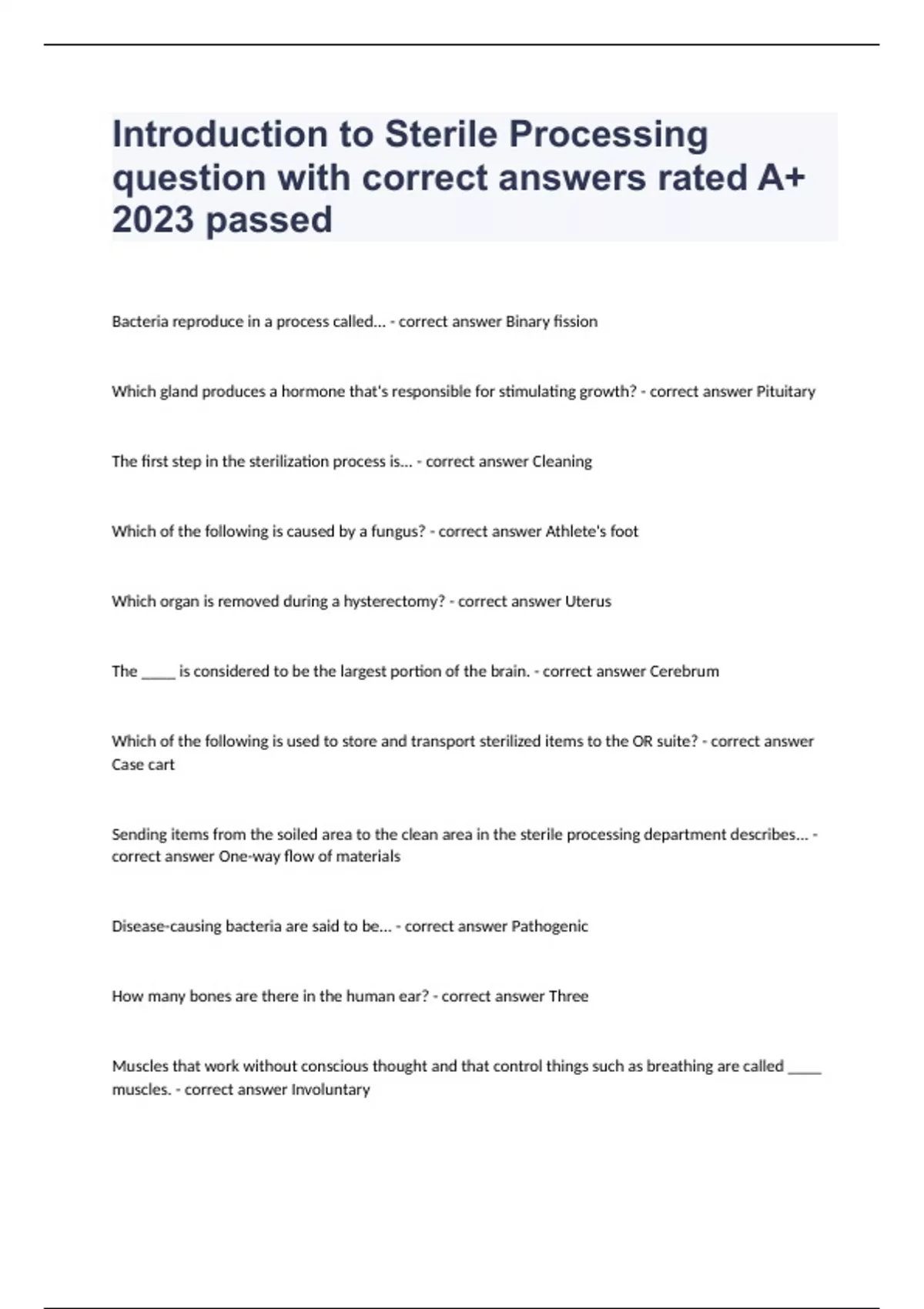 Introduction to Sterile Processing question with correct answers rated A+ 2023 passed Sterile
