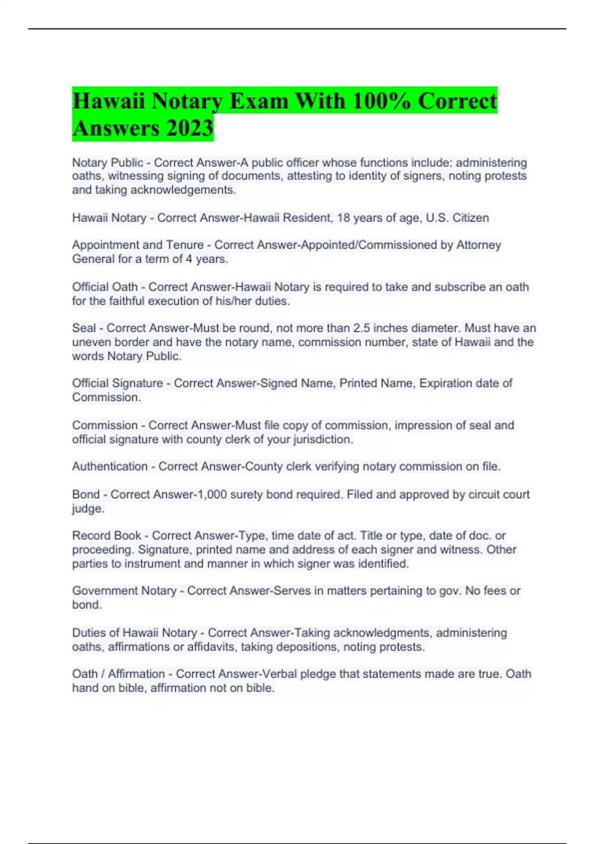 Hawaii Notary Exam With 100 Correct Answers 2023 Hawaii notary