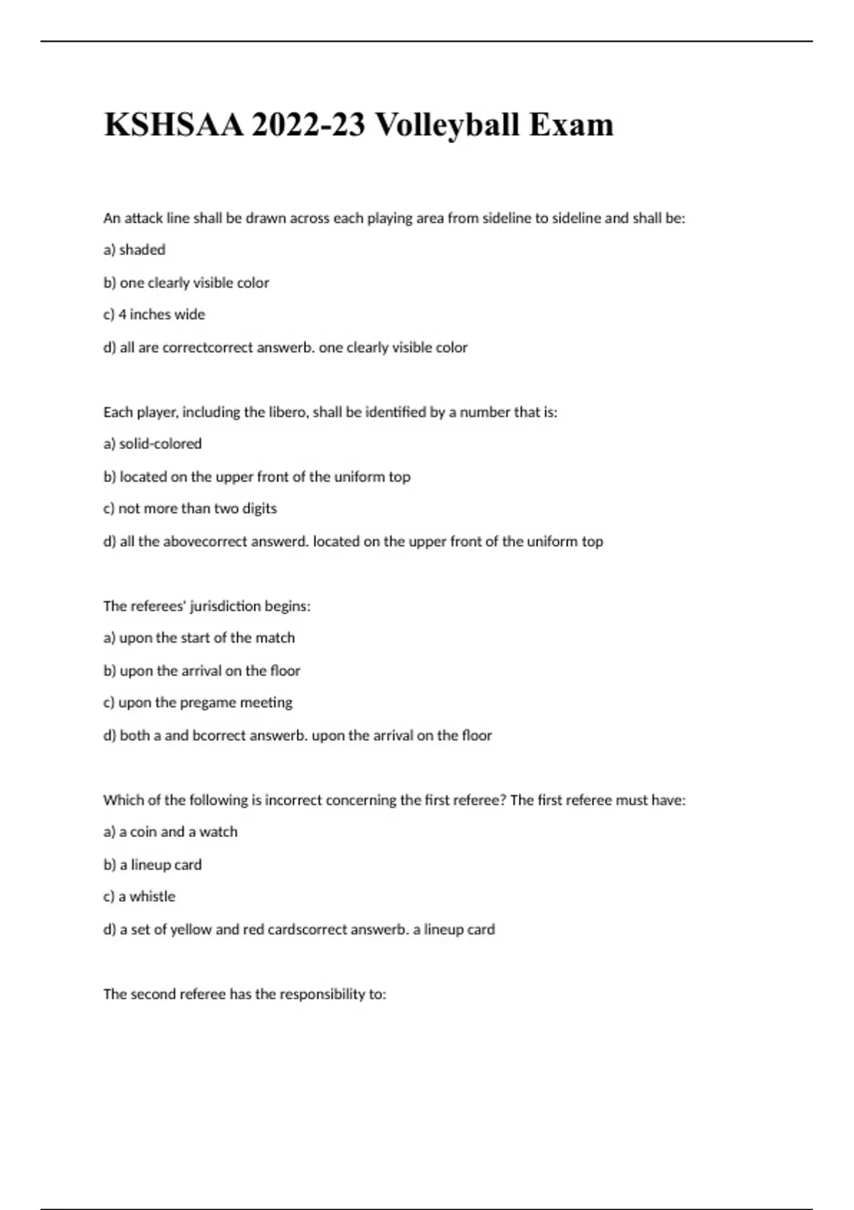 KSHSAA 202223 Volleyball Exam 2023 with correct answers KSHSAA Volleyball Stuvia US